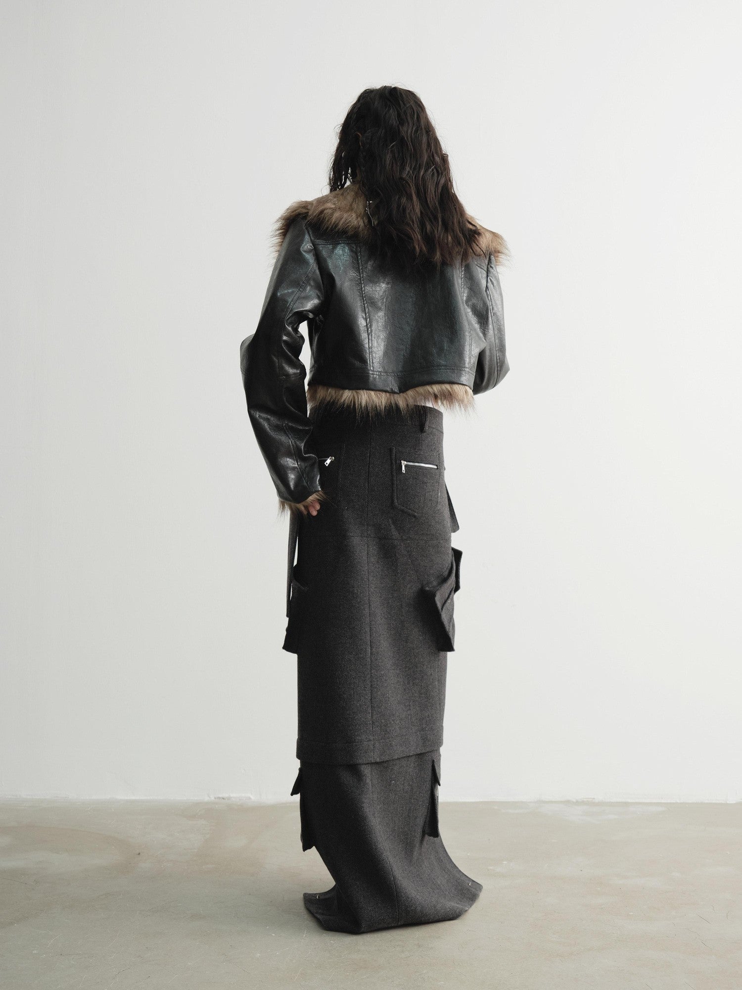Jnylon studios Reversible Faux Fur Vintage Hooded Loose Short Women's Waxed Pu Leather Jackets