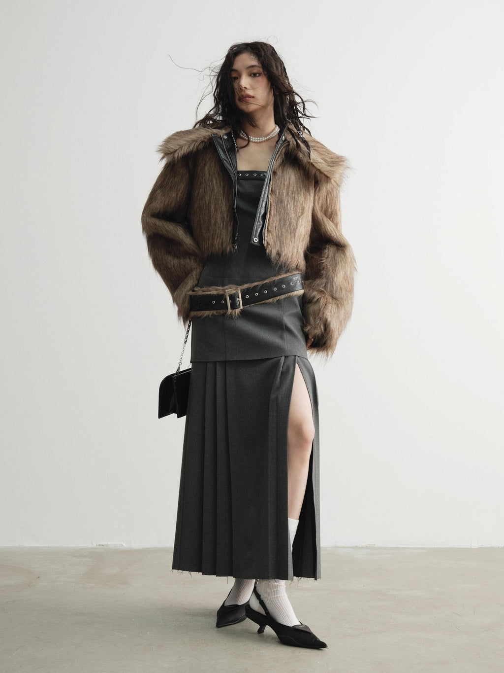 Jnylon studios Reversible Faux Fur Vintage Hooded Loose Short Women's Waxed Pu Leather Jackets