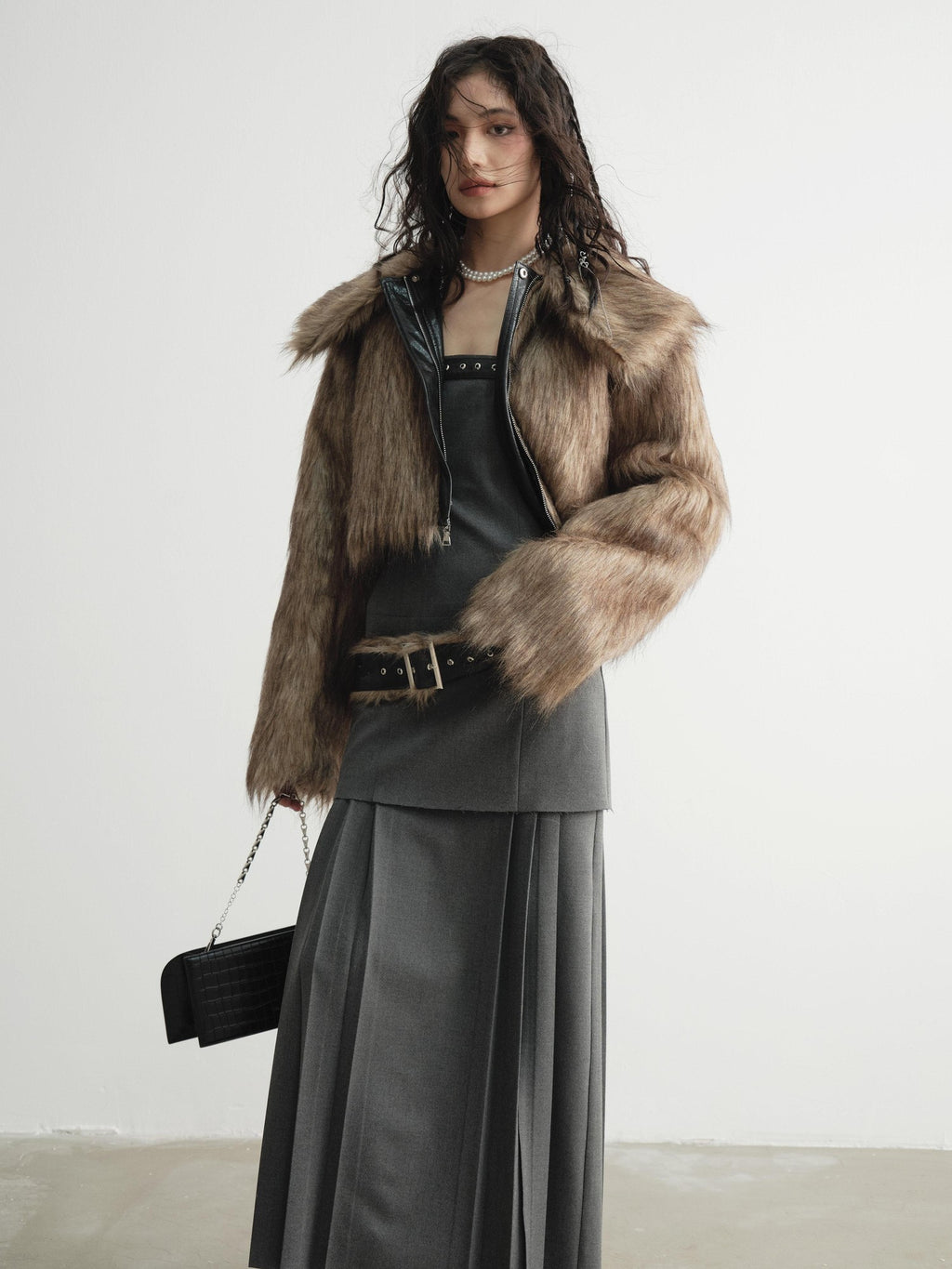 Jnylon studios Reversible Faux Fur Vintage Hooded Loose Short Women's Waxed Pu Leather Jackets