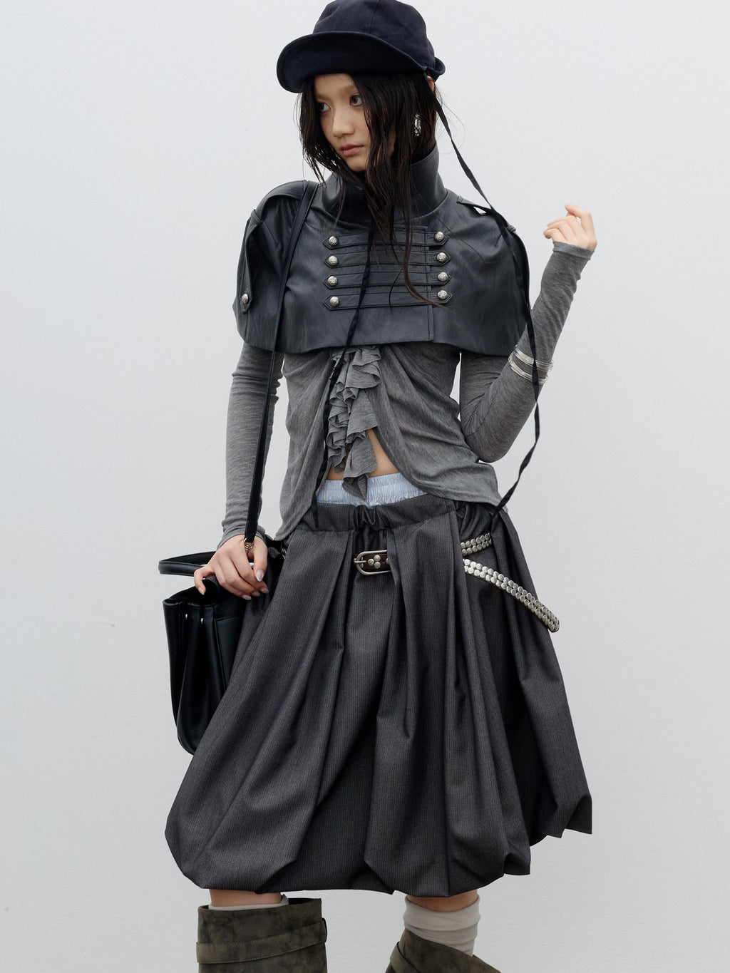 Jnylon studios Romantic Napoleonic Double Breasted Cape Pu Women's Leather Jackets