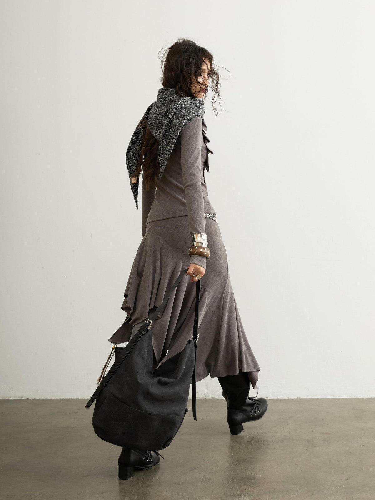 Jnylon studios Ruched Buttoned Patchwork Sculptural Women's Long Sleeve Matching Skirt Sets