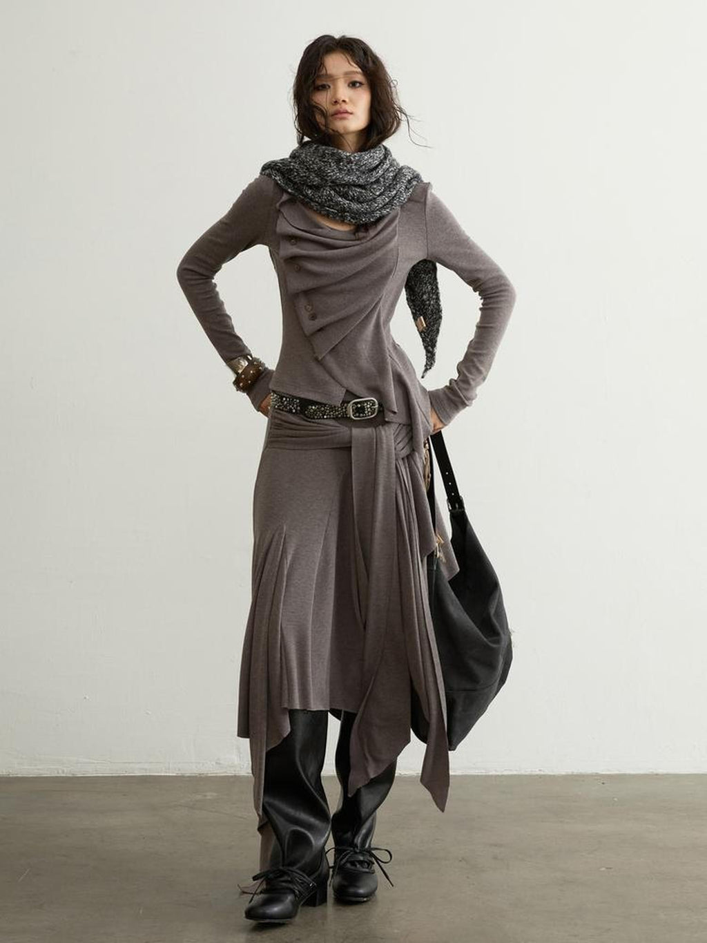 Jnylon studios Ruched Buttoned Patchwork Sculptural Women's Long Sleeve Matching Skirt Sets