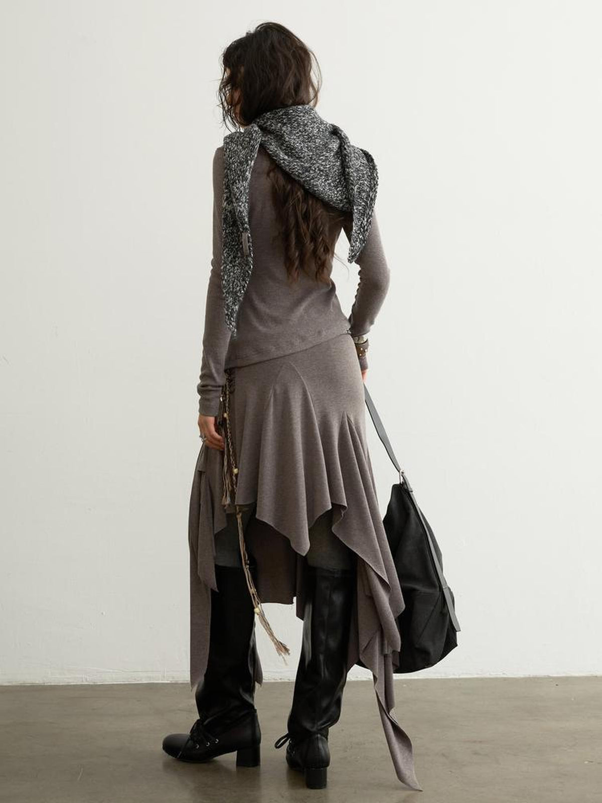 Jnylon studios Ruched Buttoned Patchwork Sculptural Women's Long Sleeve Matching Skirt Sets