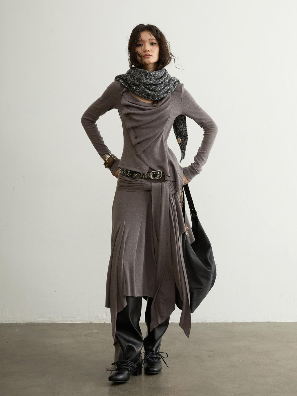 Jnylon studios Ruched Buttoned Patchwork Sculptural Women's Long Sleeve Matching Skirt Sets