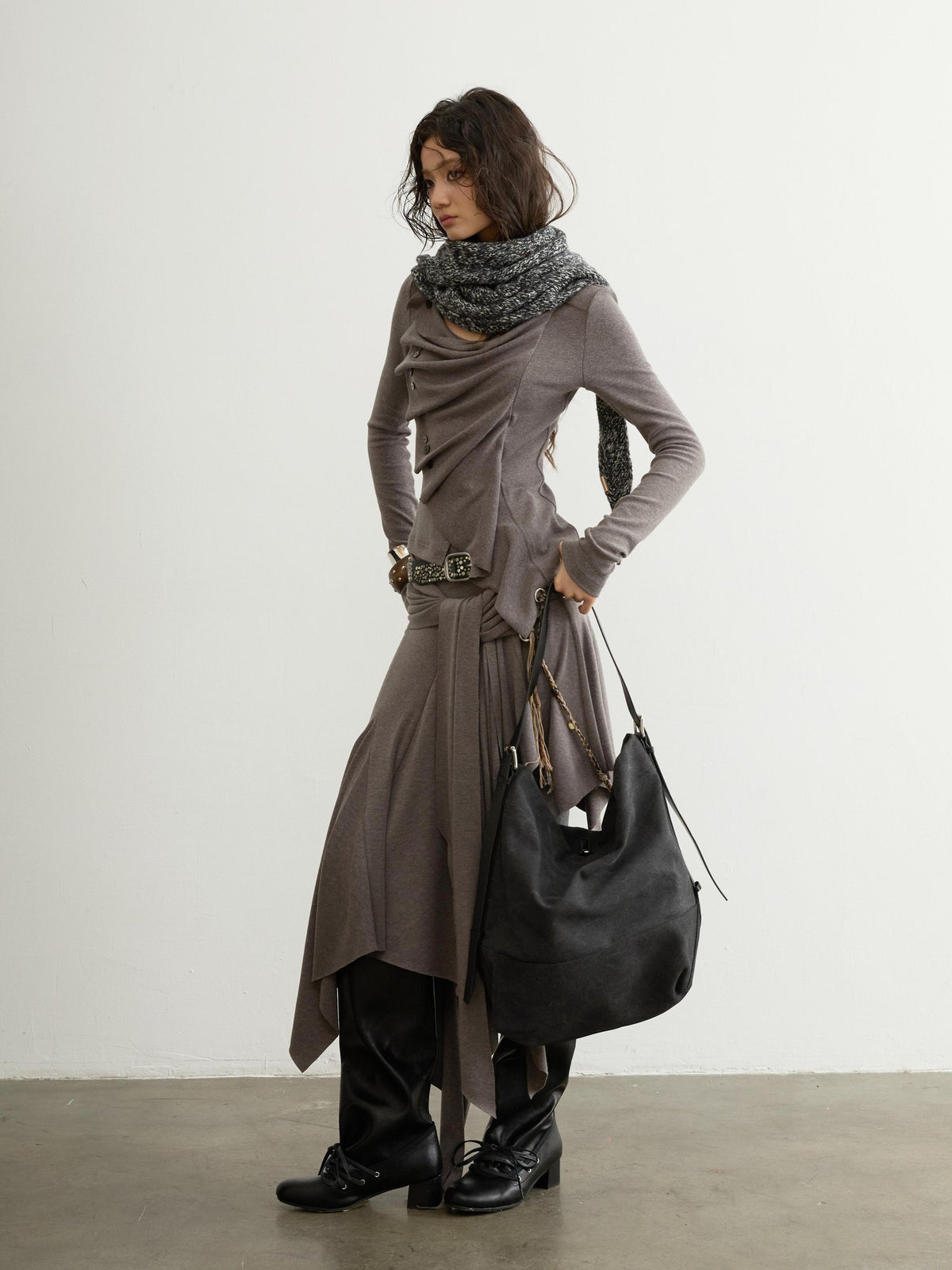Jnylon studios Ruched Buttoned Patchwork Sculptural Women's Long Sleeve Matching Skirt Sets