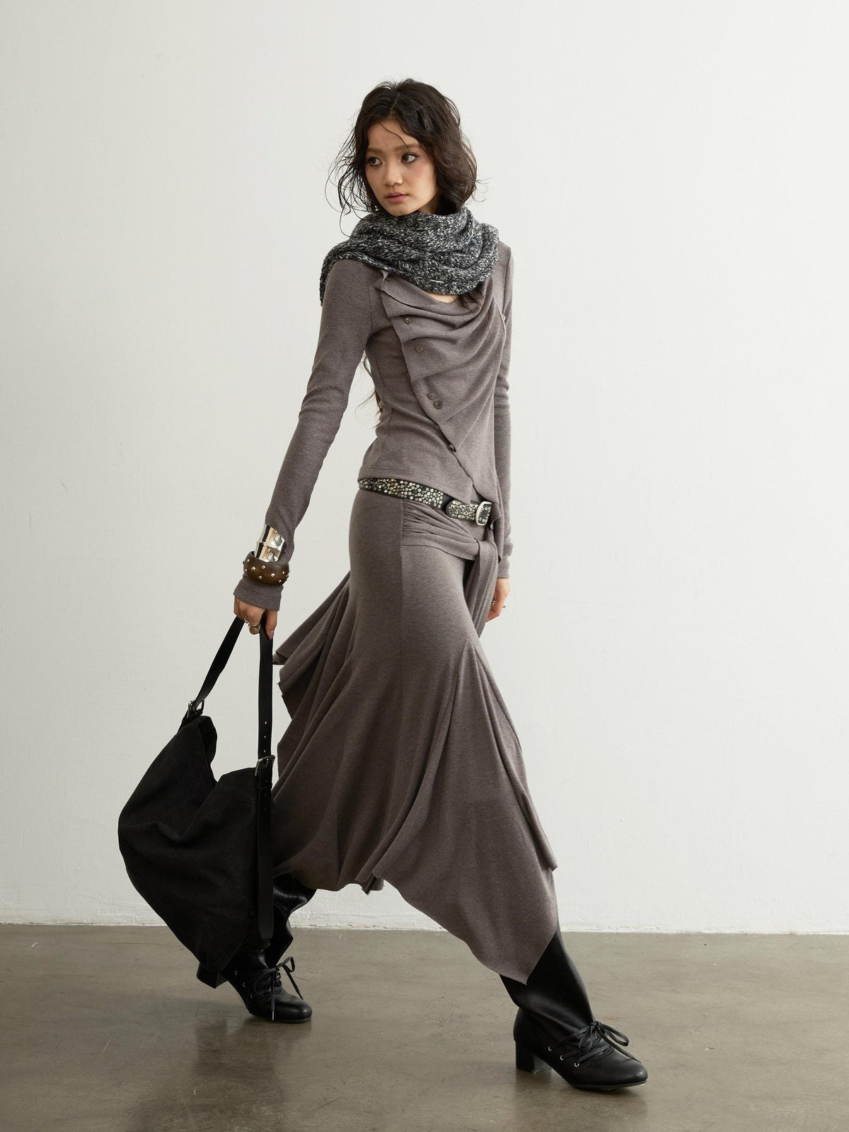 Jnylon studios Ruched Buttoned Patchwork Sculptural Women's Long Sleeve Matching Skirt Sets