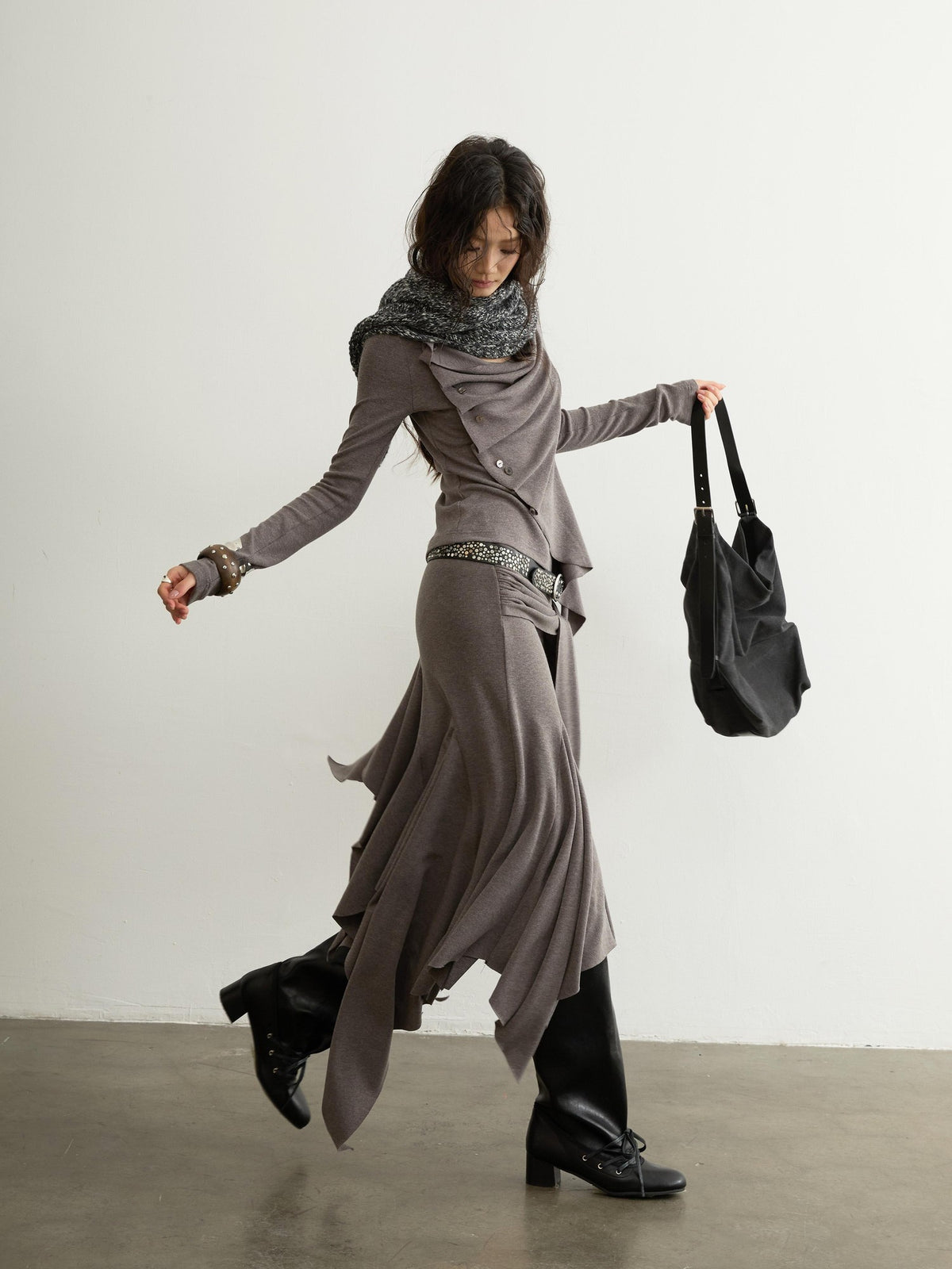Jnylon studios Ruched Buttoned Patchwork Sculptural Women's Long Sleeve Matching Skirt Sets