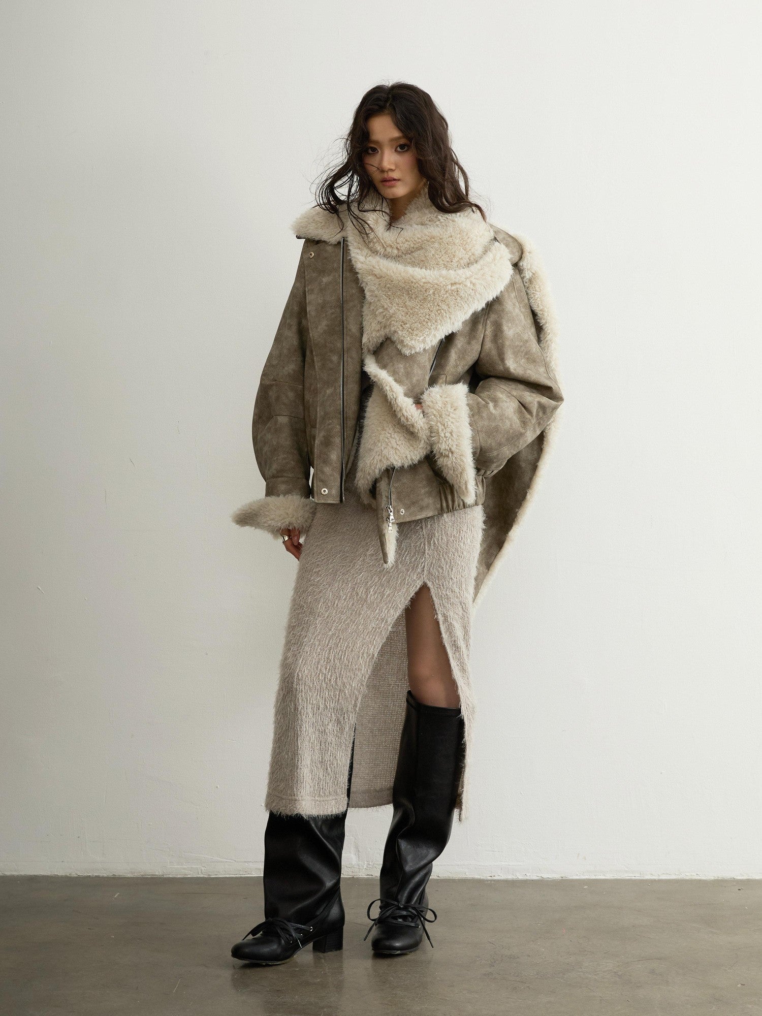 Jnylon studios Sand Urban Removable Fur Collar Multiway Zipper Women's Pu Leather Jackets