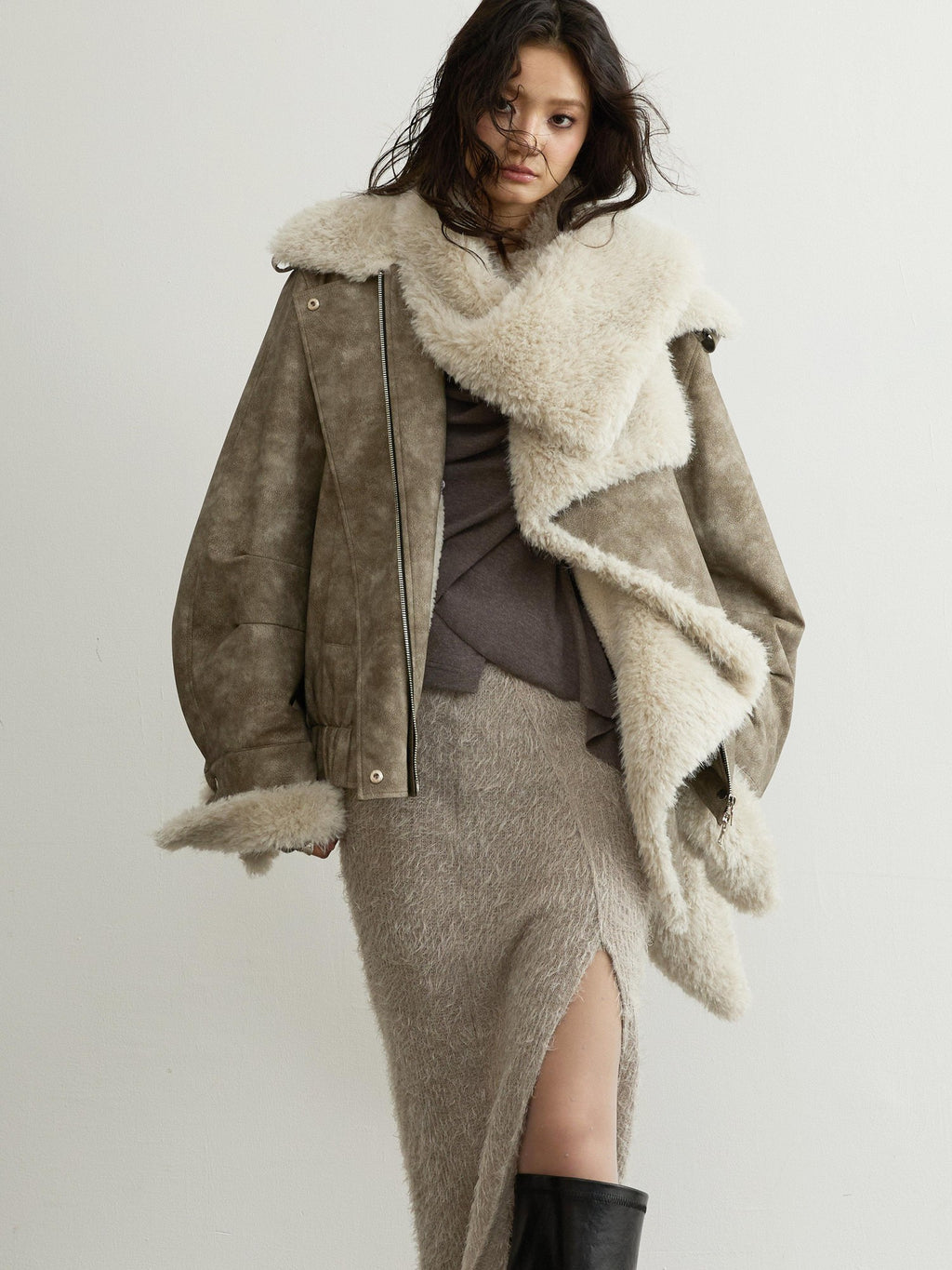Jnylon studios Sand Urban Removable Fur Collar Multiway Zipper Women's Pu Leather Jackets