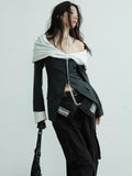 Jnylon studios Sculpted Pleated Off Shoulder Faux Two Piece Contrast Women's Polyester Blazers