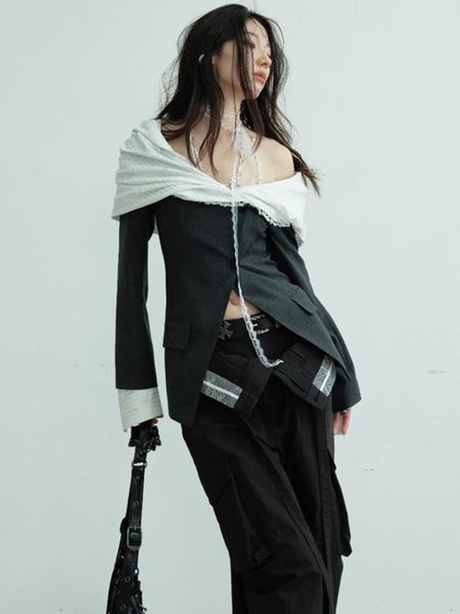 Jnylon studios Sculpted Pleated Off Shoulder Faux Two Piece Contrast Women's Polyester Blazers