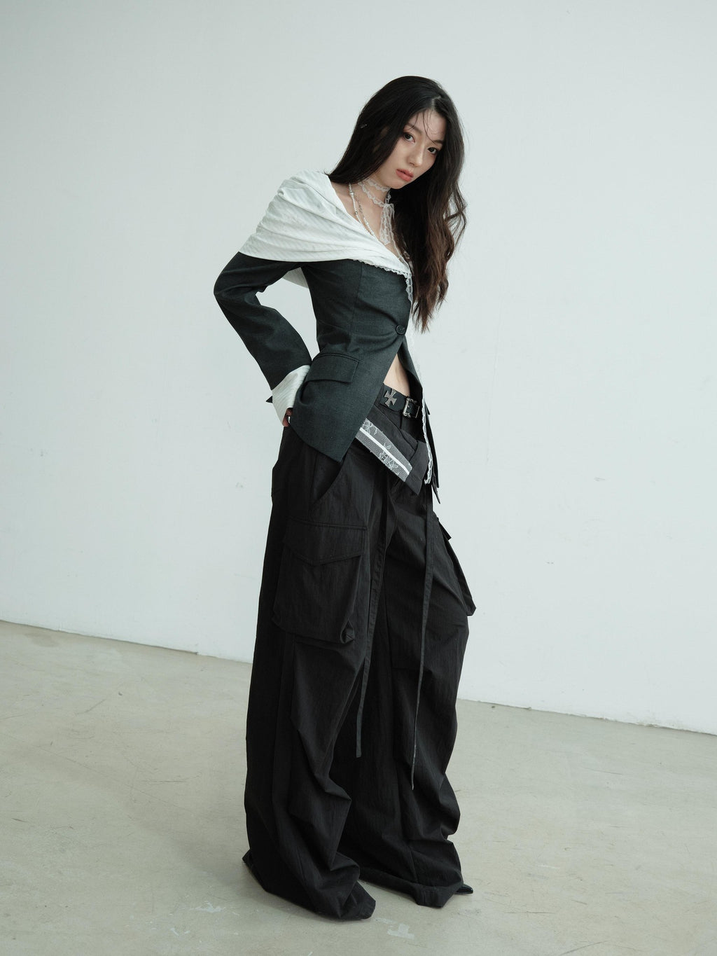 Jnylon studios Sculpted Pleated Off Shoulder Faux Two Piece Contrast Women's Polyester Blazers