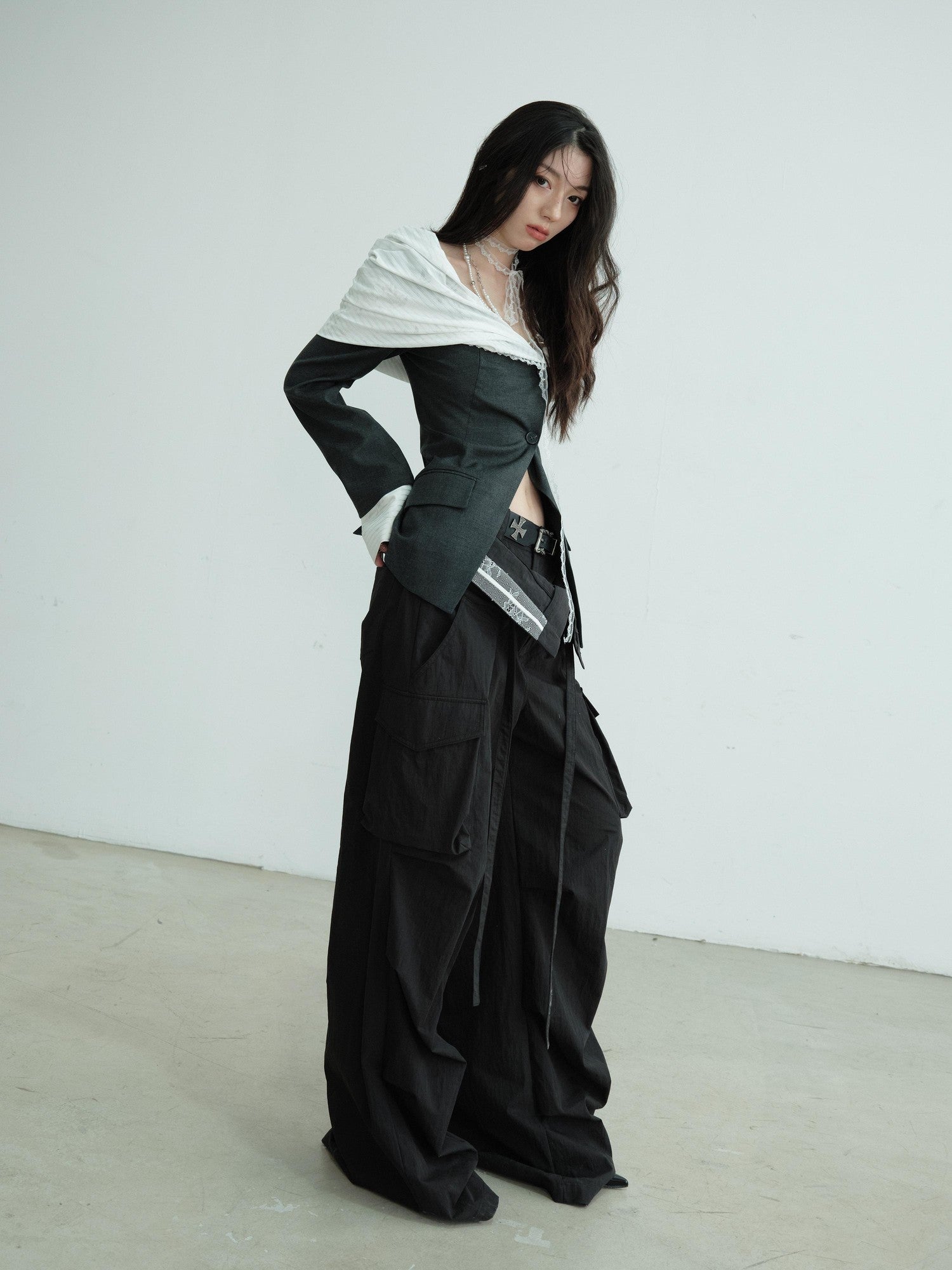 Jnylon studios Sculpted Pleated Off Shoulder Faux Two Piece Contrast Women's Polyester Blazers