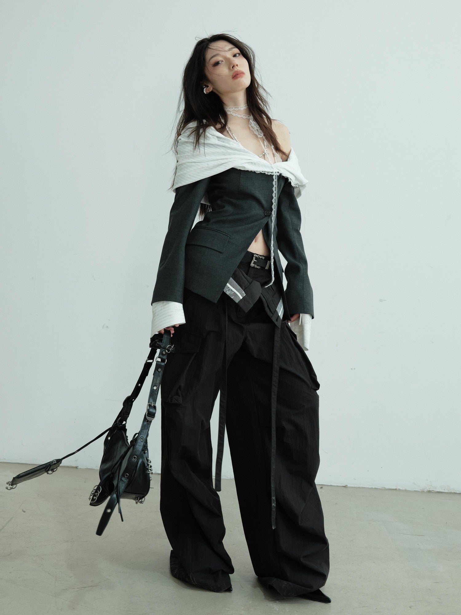 Jnylon studios Sculpted Pleated Off Shoulder Faux Two Piece Contrast Women's Polyester Blazers