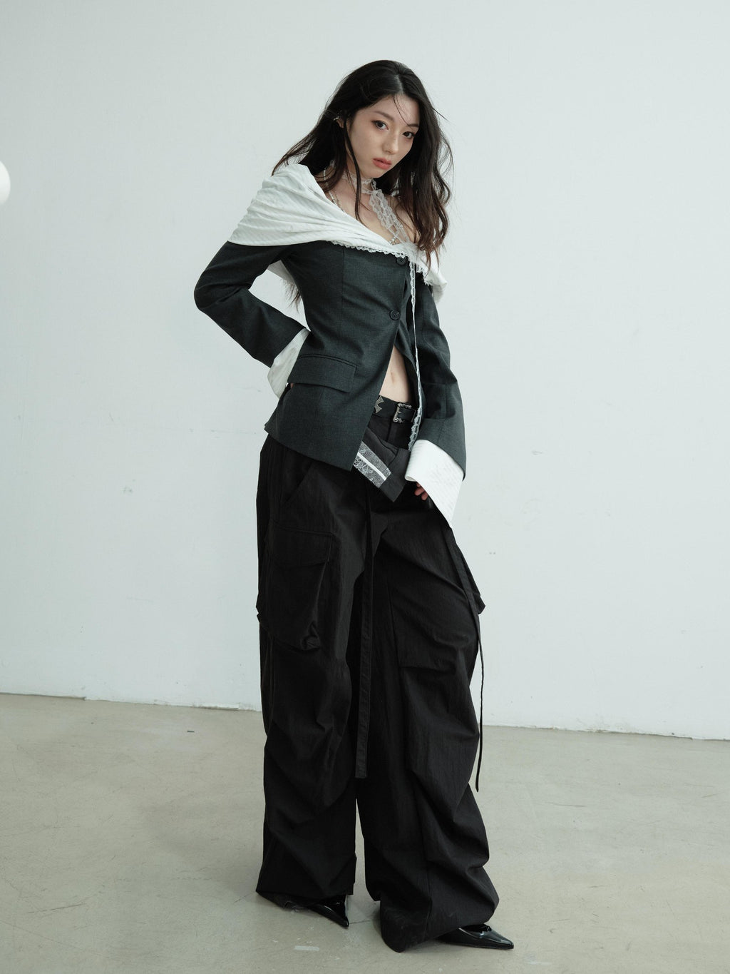 Jnylon studios Sculpted Pleated Off Shoulder Faux Two Piece Contrast Women's Polyester Blazers