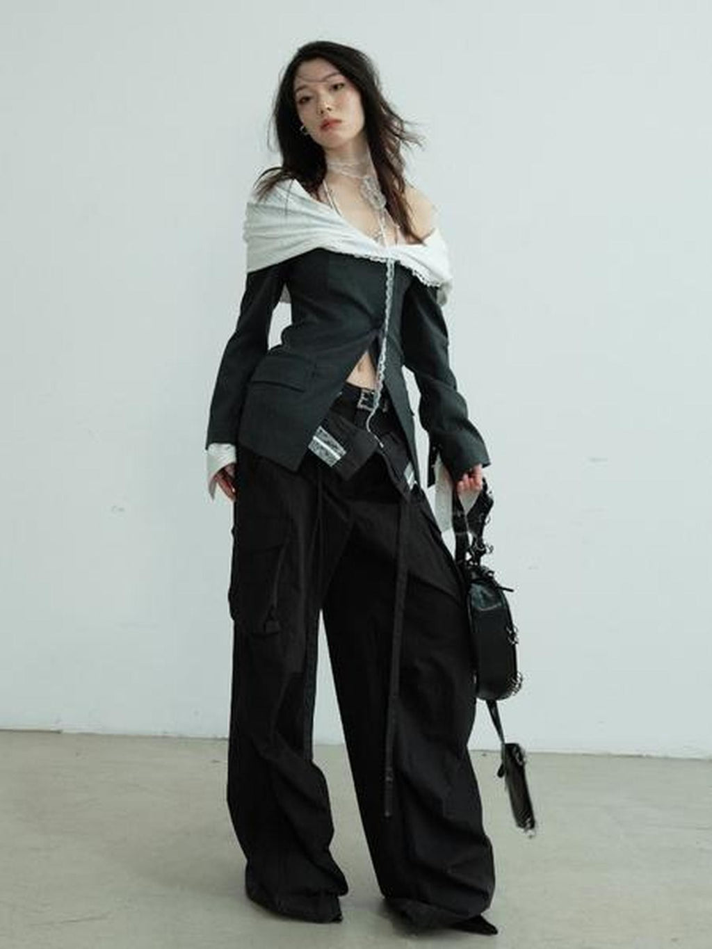 Jnylon studios Sculpted Pleated Off Shoulder Faux Two Piece Contrast Women's Polyester Blazers