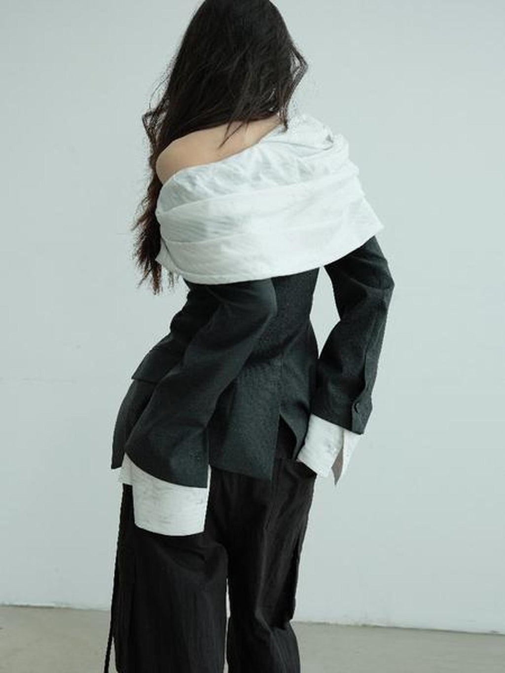 Jnylon studios Sculpted Pleated Off Shoulder Faux Two Piece Contrast Women's Polyester Blazers