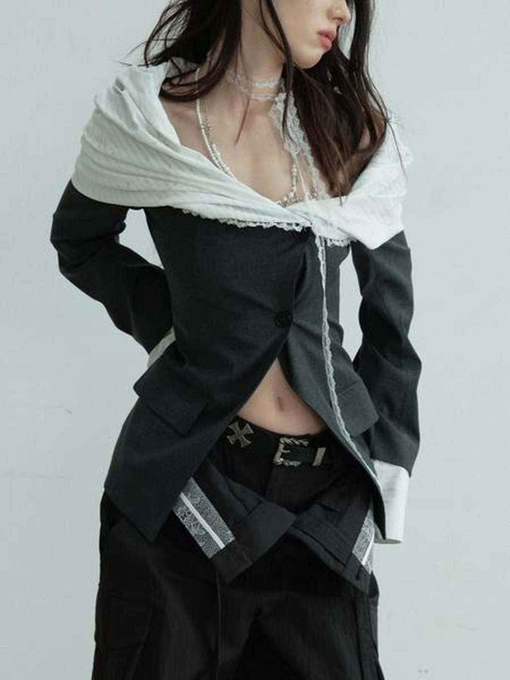 Jnylon studios Sculpted Pleated Off Shoulder Faux Two Piece Contrast Women's Polyester Blazers