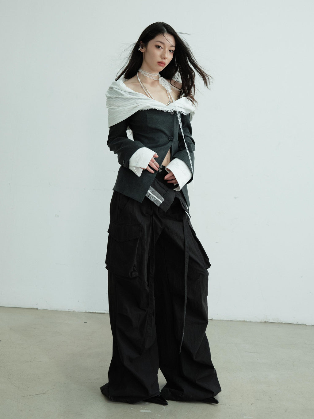Jnylon studios Sculpted Pleated Off Shoulder Faux Two Piece Contrast Women's Polyester Blazers