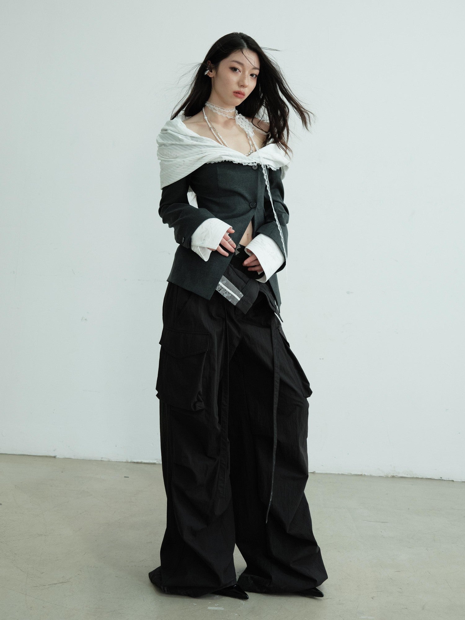 Jnylon studios Sculpted Pleated Off Shoulder Faux Two Piece Contrast Women's Polyester Blazers