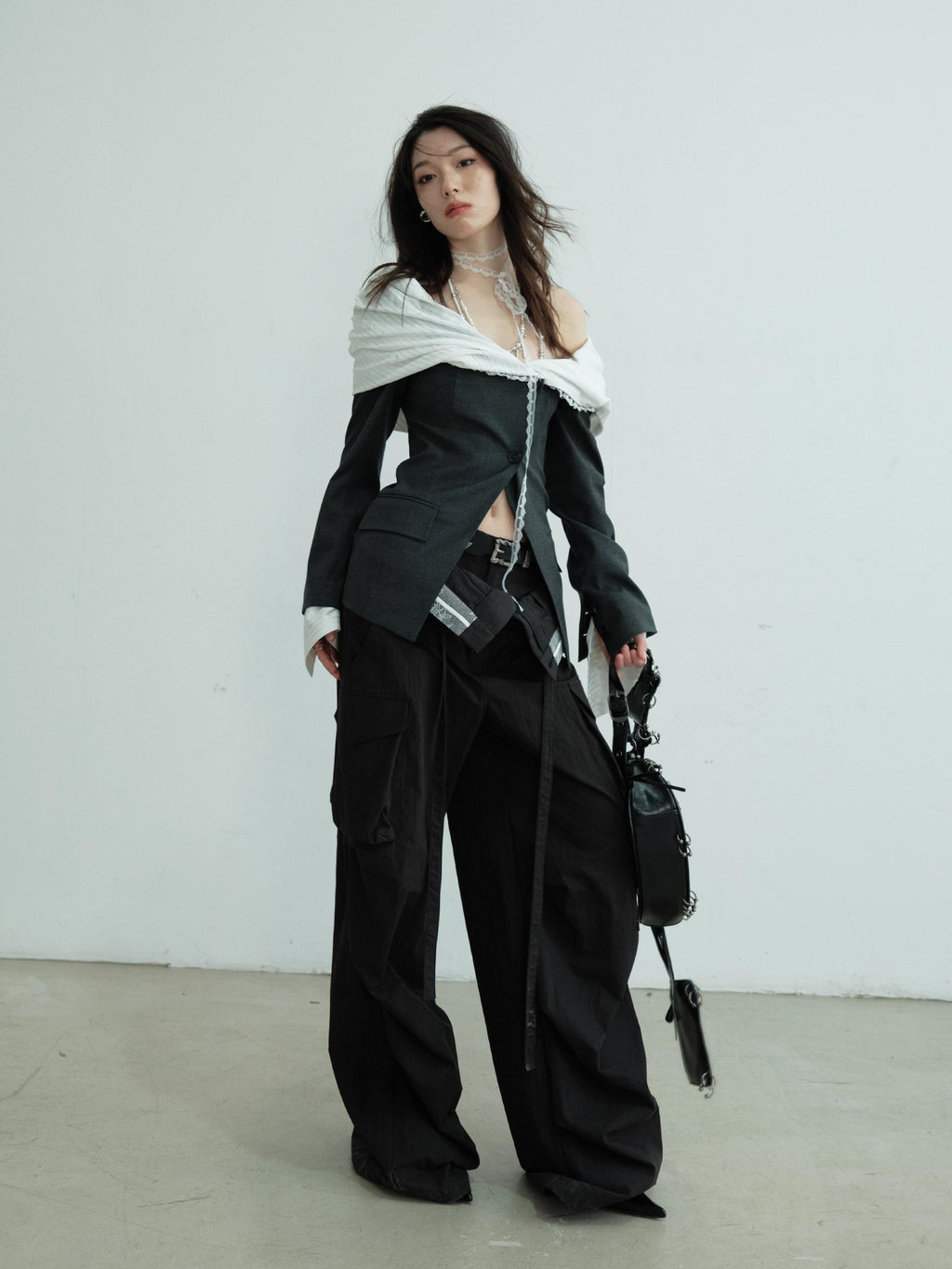 Jnylon studios Sculpted Pleated Off Shoulder Faux Two Piece Contrast Women's Polyester Blazers