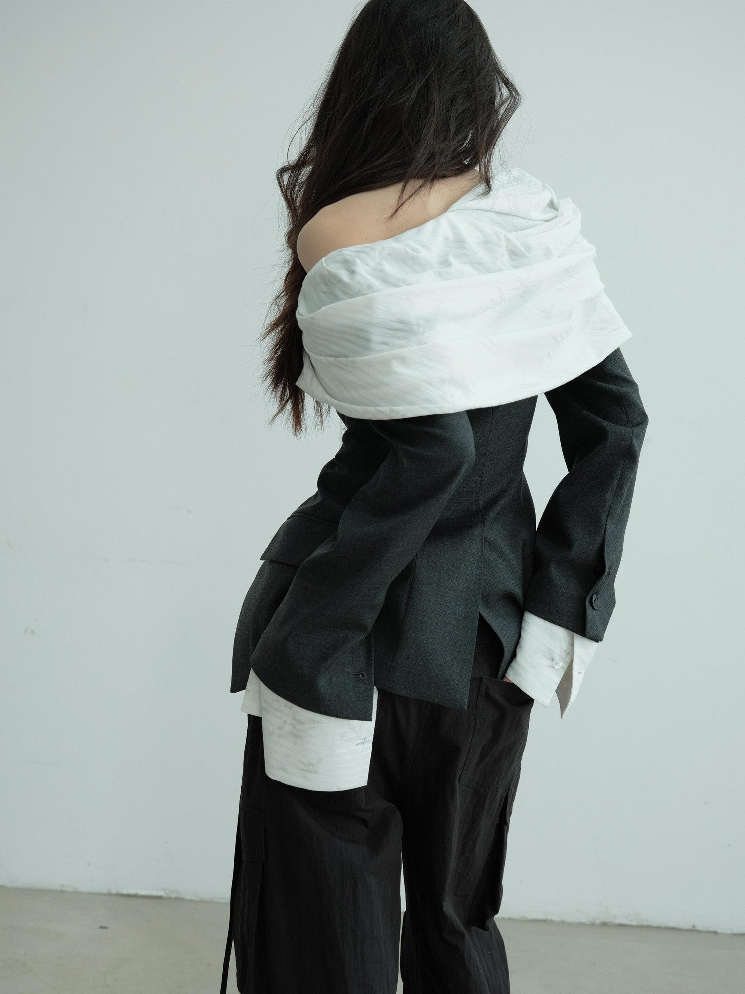 Jnylon studios Sculpted Pleated Off Shoulder Faux Two Piece Contrast Women's Polyester Blazers