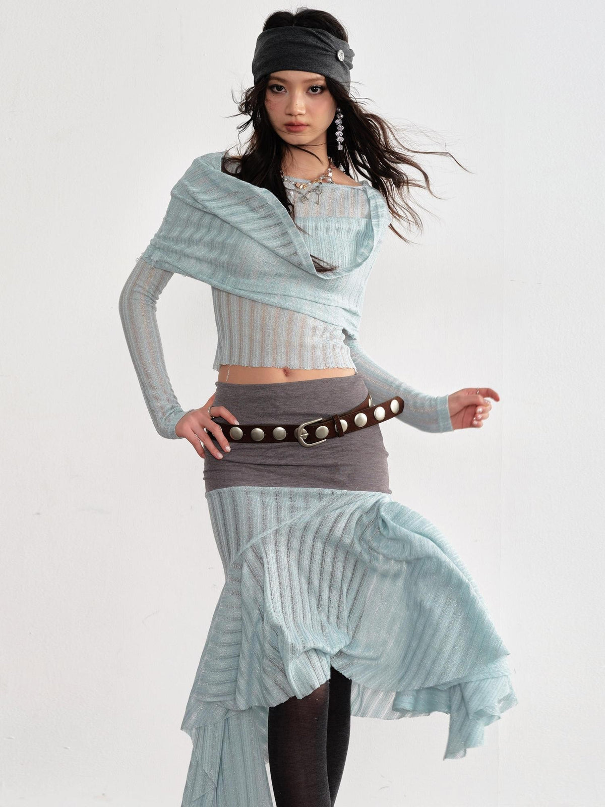 Jnylon studios Sheer Draped Neck Long Sleeve Cinched Waist Women's Polyester Matching Skirt Sets