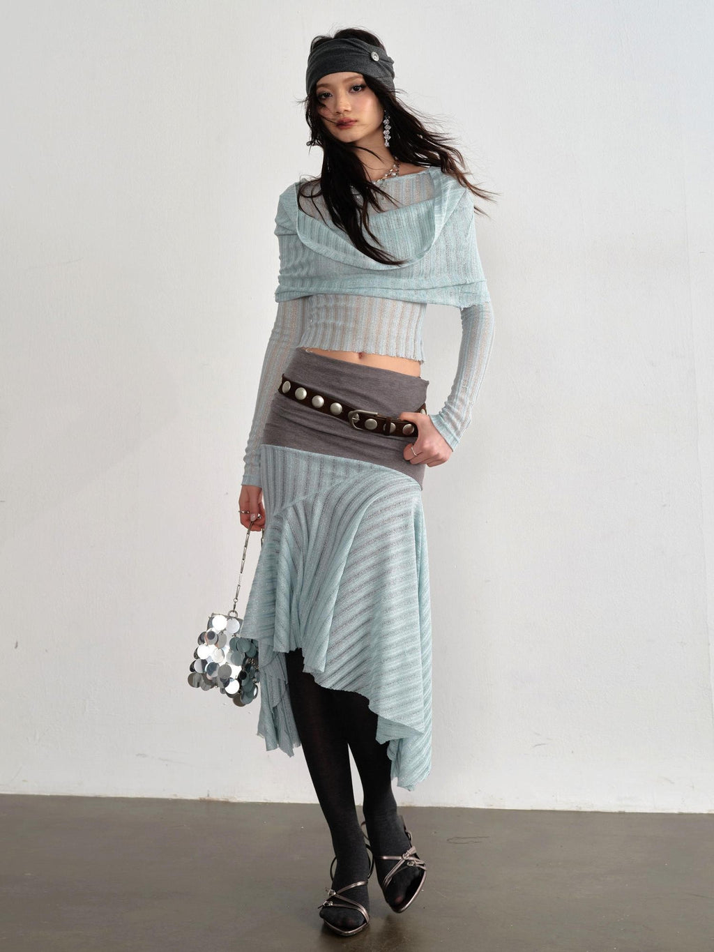Jnylon studios Sheer Draped Neck Long Sleeve Cinched Waist Women's Polyester Matching Skirt Sets