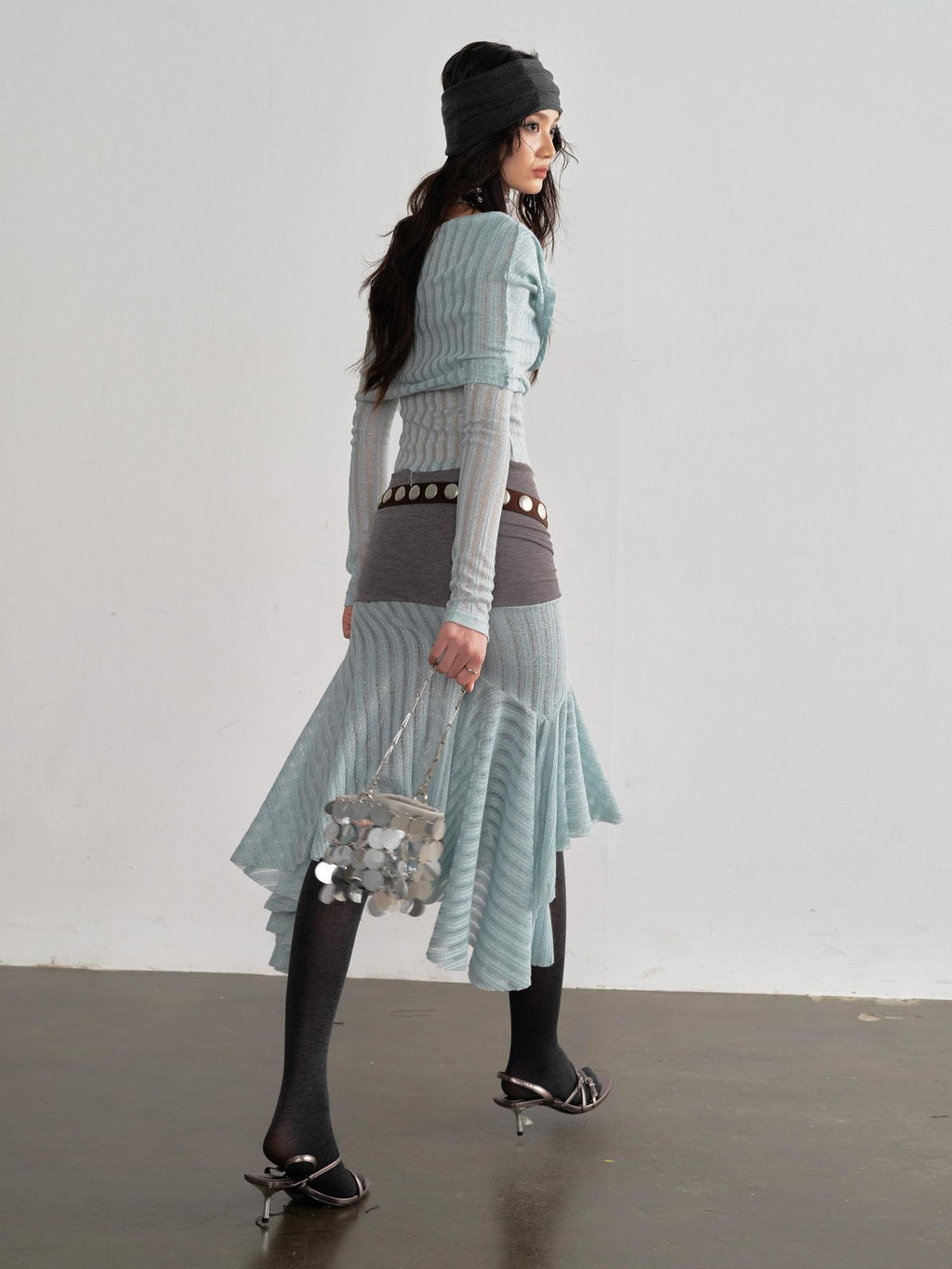 Jnylon studios Sheer Draped Neck Long Sleeve Cinched Waist Women's Polyester Matching Skirt Sets