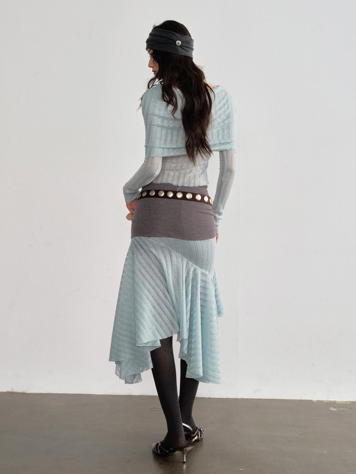 Jnylon studios Sheer Draped Neck Long Sleeve Cinched Waist Women's Polyester Matching Skirt Sets