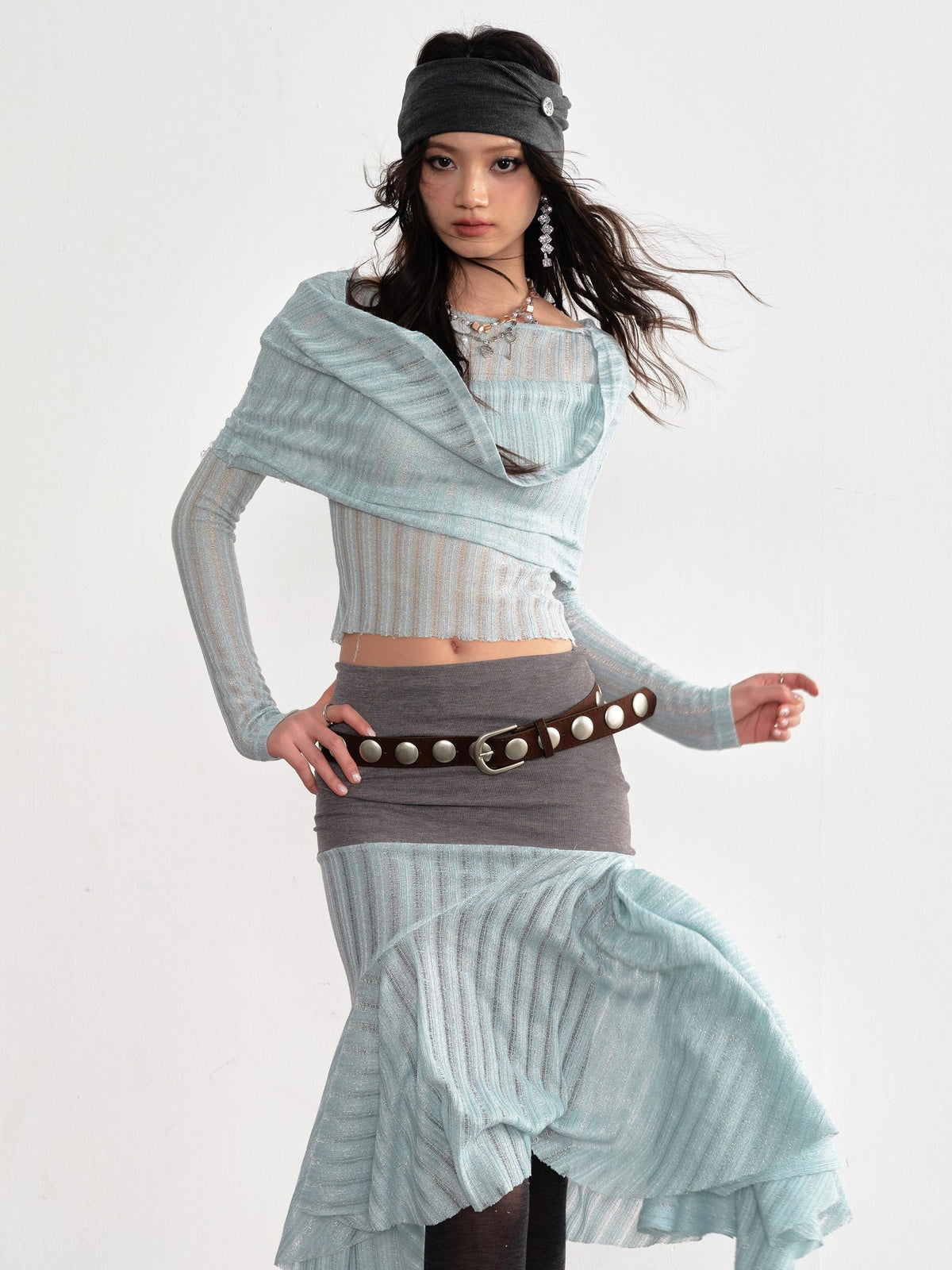 Jnylon studios Sheer Draped Neck Long Sleeve Cinched Waist Women's Polyester Matching Skirt Sets
