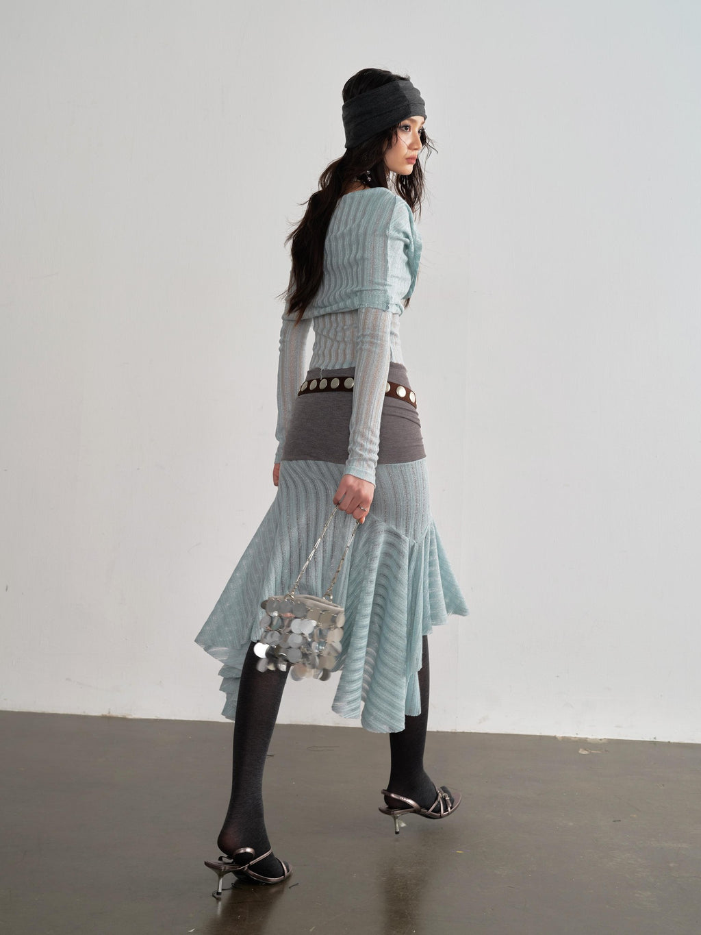 Jnylon studios Sheer Draped Neck Long Sleeve Cinched Waist Women's Polyester Matching Skirt Sets