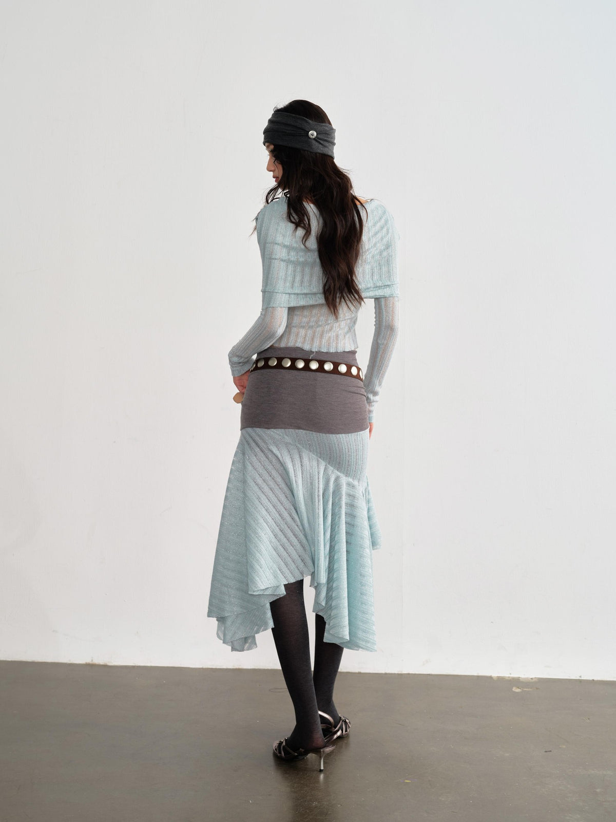 Jnylon studios Sheer Draped Neck Long Sleeve Cinched Waist Women's Polyester Matching Skirt Sets