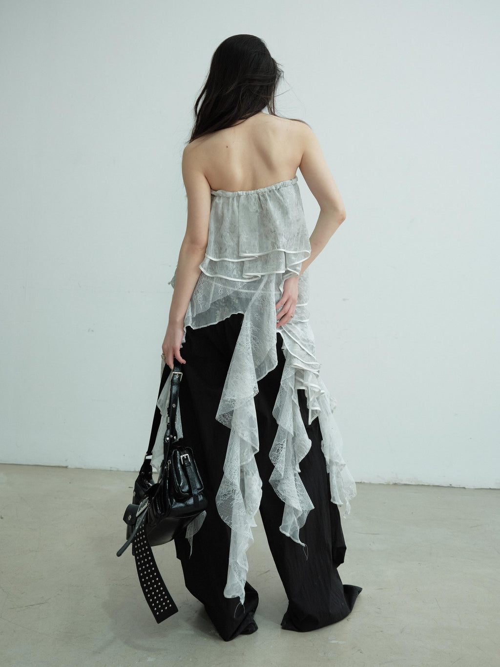 Jnylon studios Sheer Lace Ruffle Asymmetric Women's Halter Tops