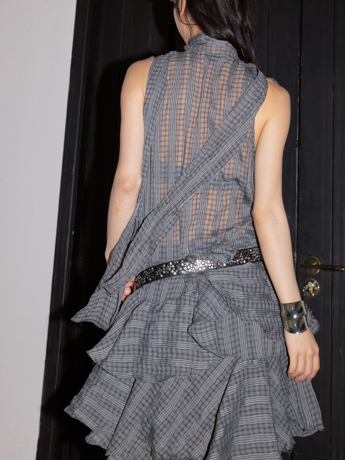 Jnylon studios Sheer Plaid Ruffled V-neck Sleeveless Women's Polyester Casual Midi Dresses