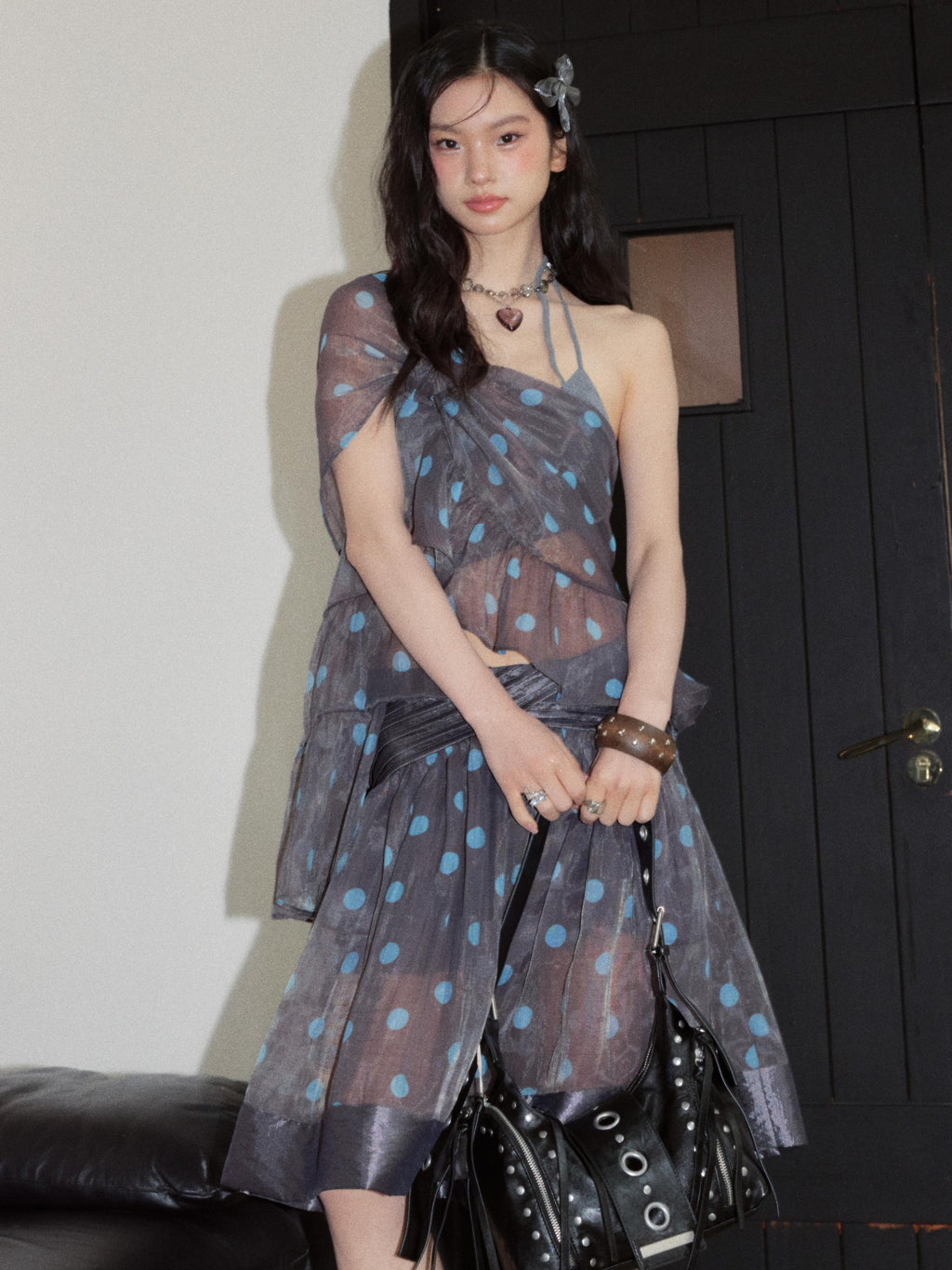 Jnylon studios Sheer Polka Dot Color Block Asymmetric Ruffle Women's Polyester Matching Skirt Sets