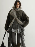 Jnylon studios Sky Blue Camouflage Hooded Fur Collar High Waist Women's Cropped Jackets