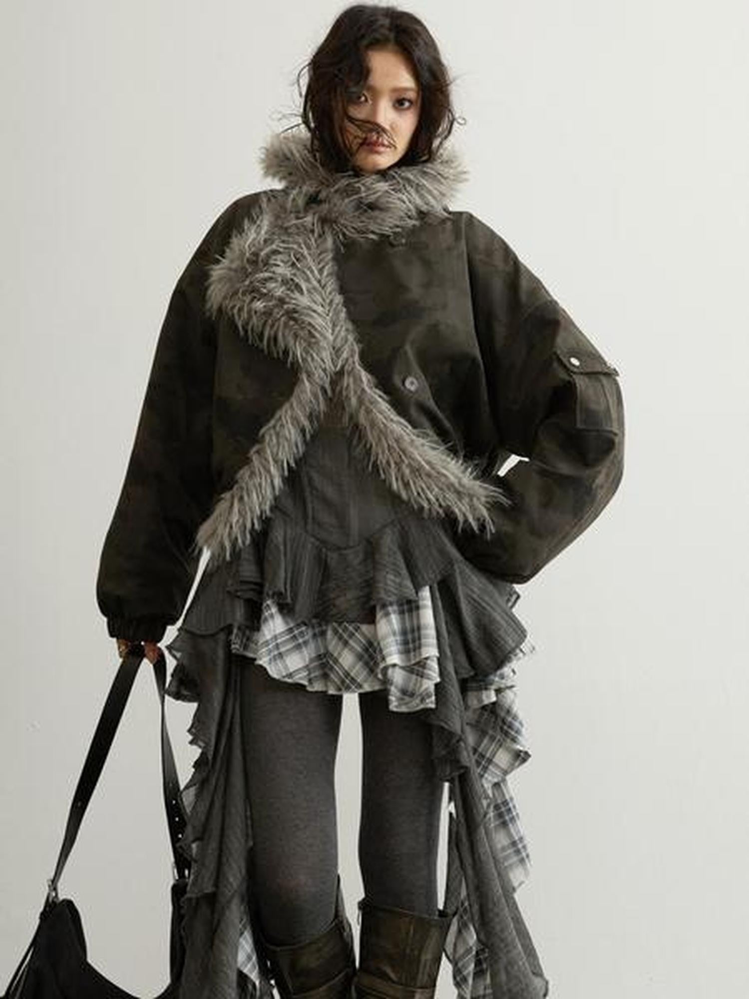 Jnylon studios Sky Blue Camouflage Hooded Fur Collar High Waist Women's Cropped Jackets
