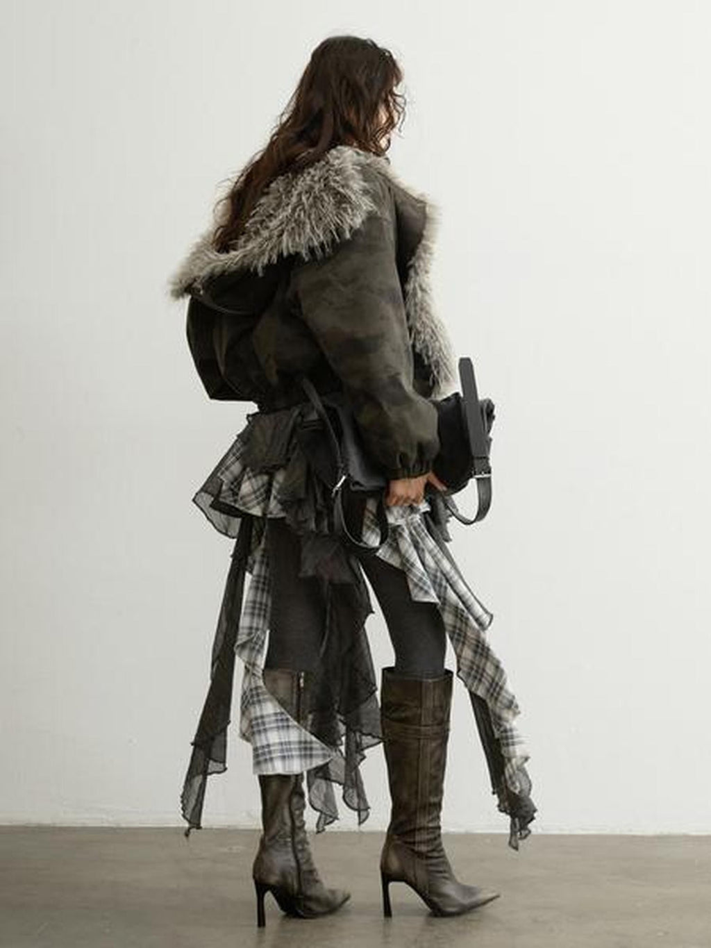 Jnylon studios Sky Blue Camouflage Hooded Fur Collar High Waist Women's Cropped Jackets