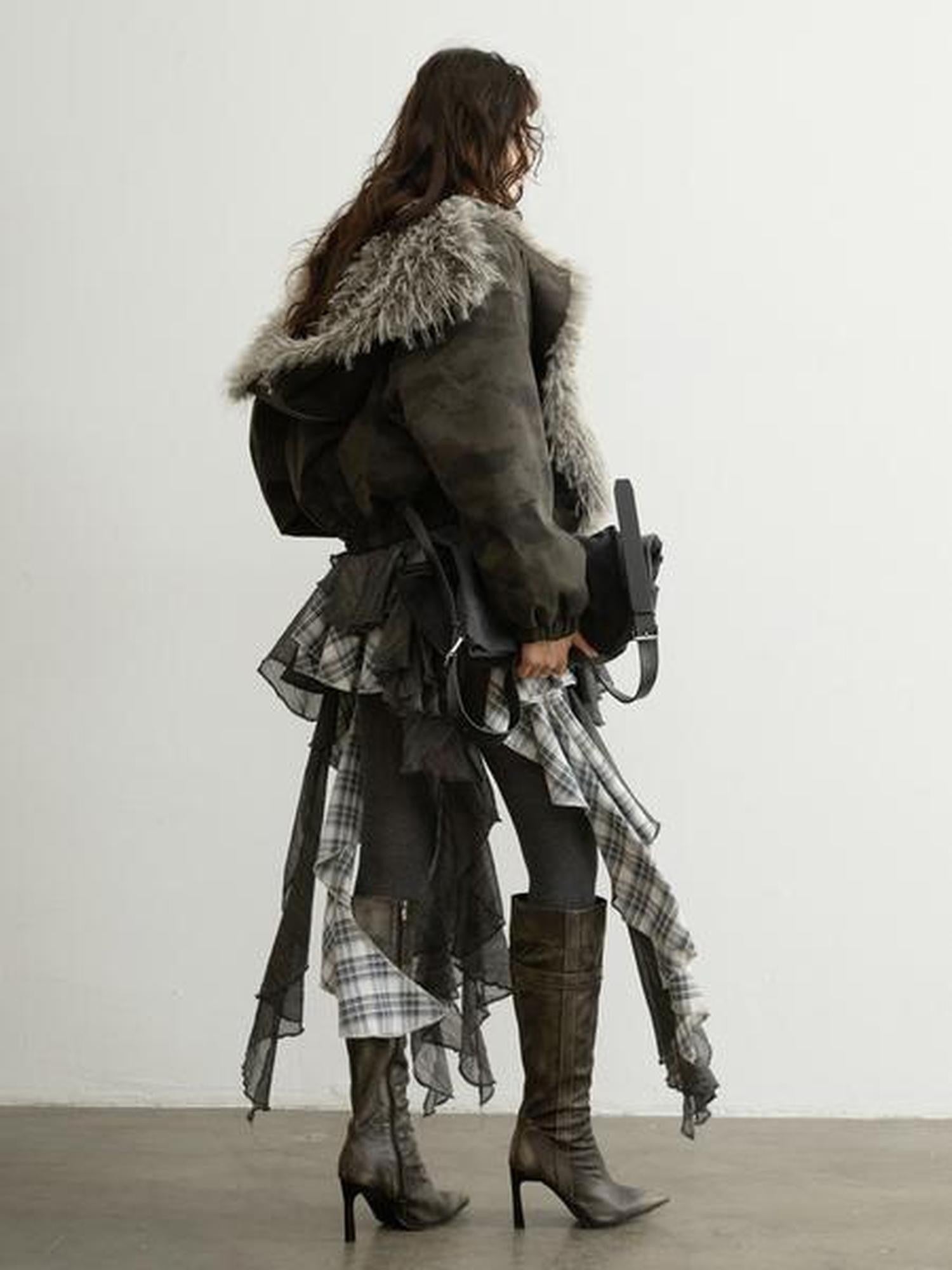 Jnylon studios Sky Blue Camouflage Hooded Fur Collar High Waist Women's Cropped Jackets