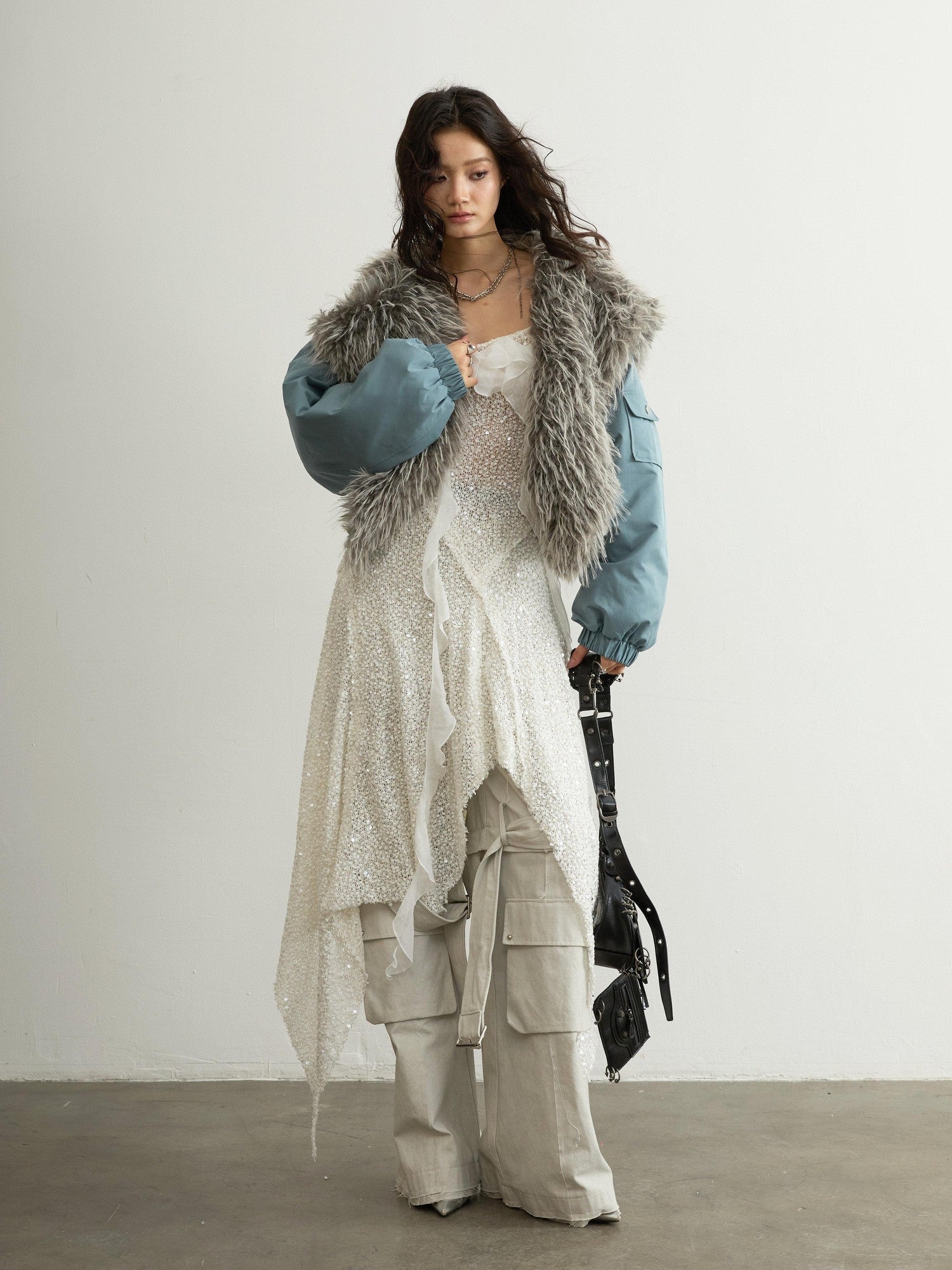Jnylon studios Sky Blue Camouflage Hooded Fur Collar High Waist Women's Cropped Jackets