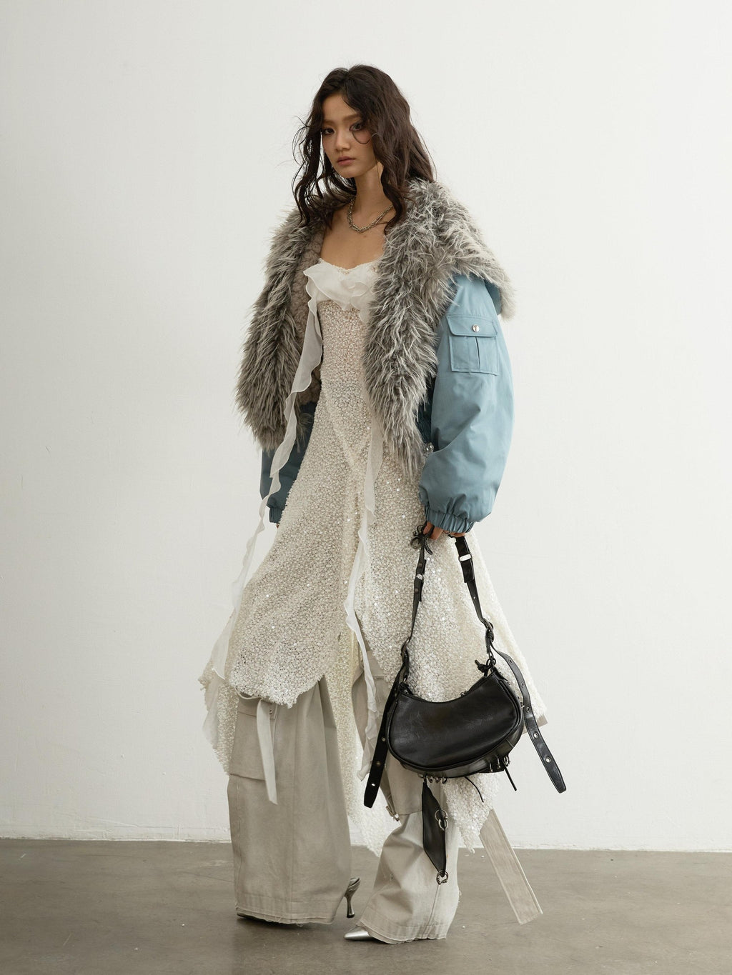 Jnylon studios Sky Blue Camouflage Hooded Fur Collar High Waist Women's Cropped Jackets