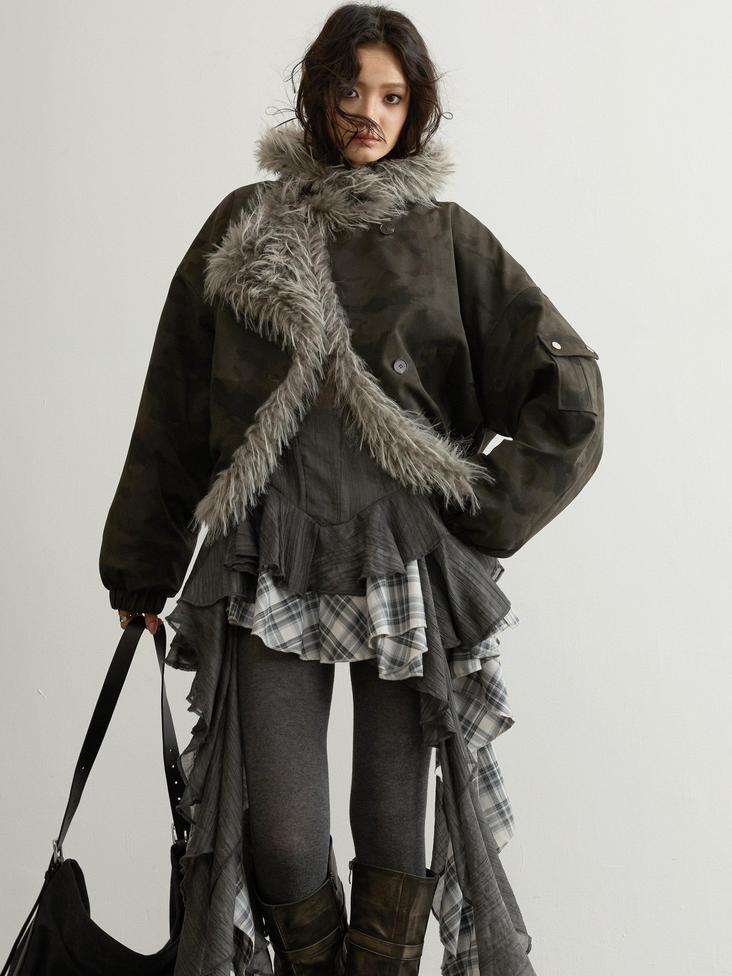 Jnylon studios Sky Blue Camouflage Hooded Fur Collar High Waist Women's Cropped Jackets