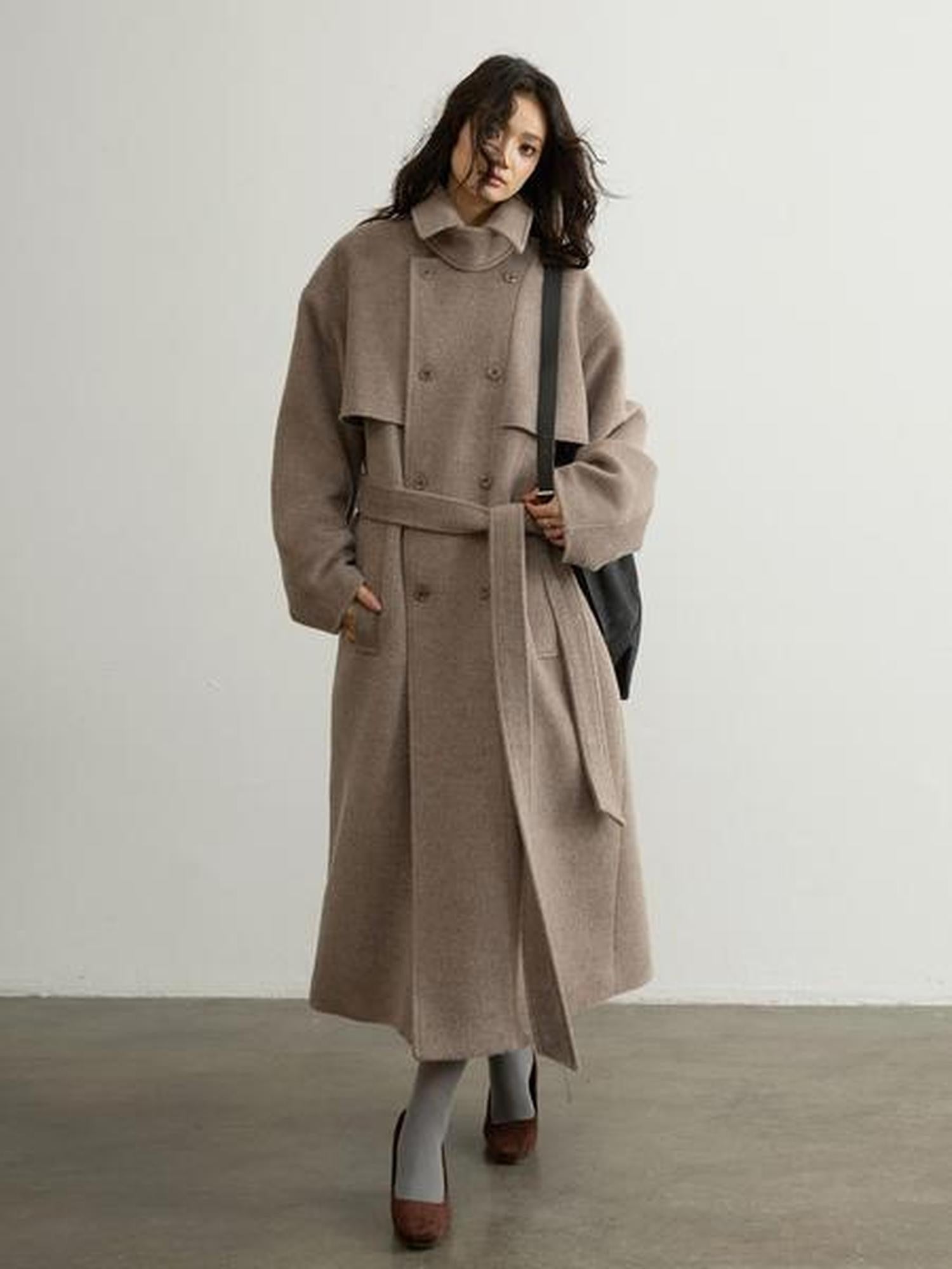 Jnylon studios Soft Vintage Oatmeal Lace Up Lapel Women's Wool Blend Long Coats