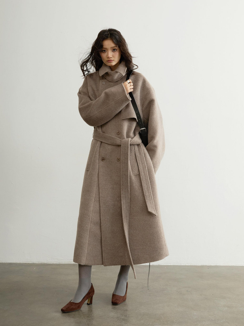 Jnylon studios Soft Vintage Oatmeal Lace Up Lapel Women's Wool Blend Long Coats