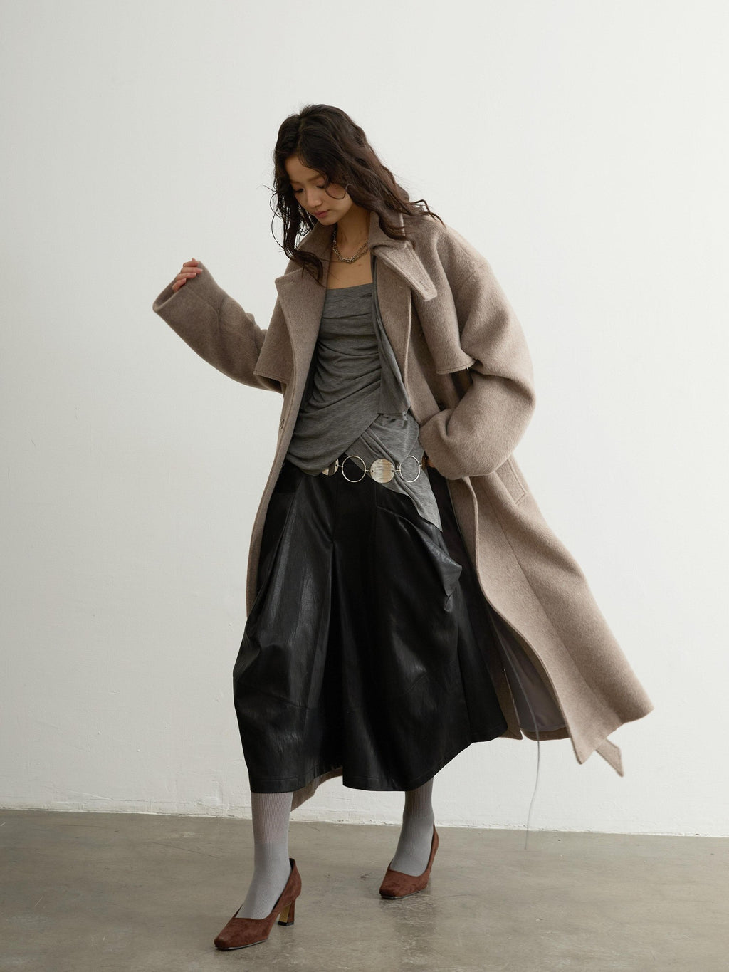 Jnylon studios Soft Vintage Oatmeal Lace Up Lapel Women's Wool Blend Long Coats