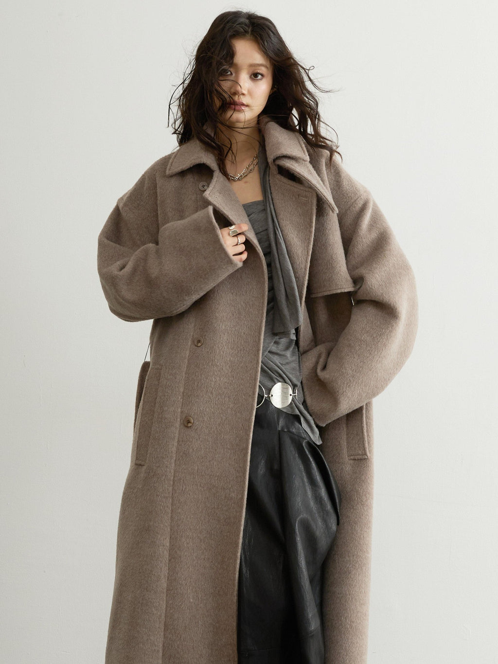 Jnylon studios Soft Vintage Oatmeal Lace Up Lapel Women's Wool Blend Long Coats