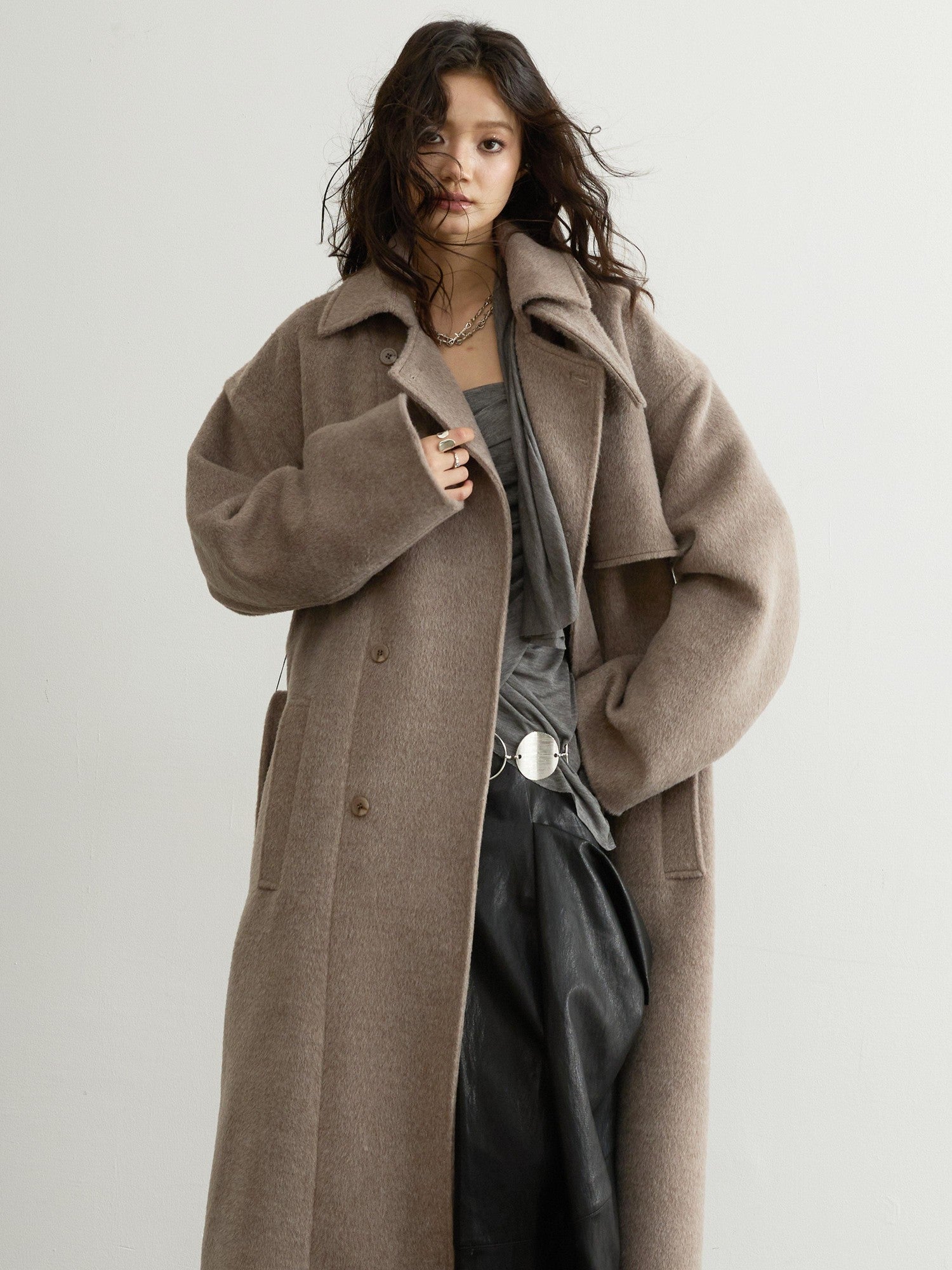 Jnylon studios Soft Vintage Oatmeal Lace Up Lapel Women's Wool Blend Long Coats