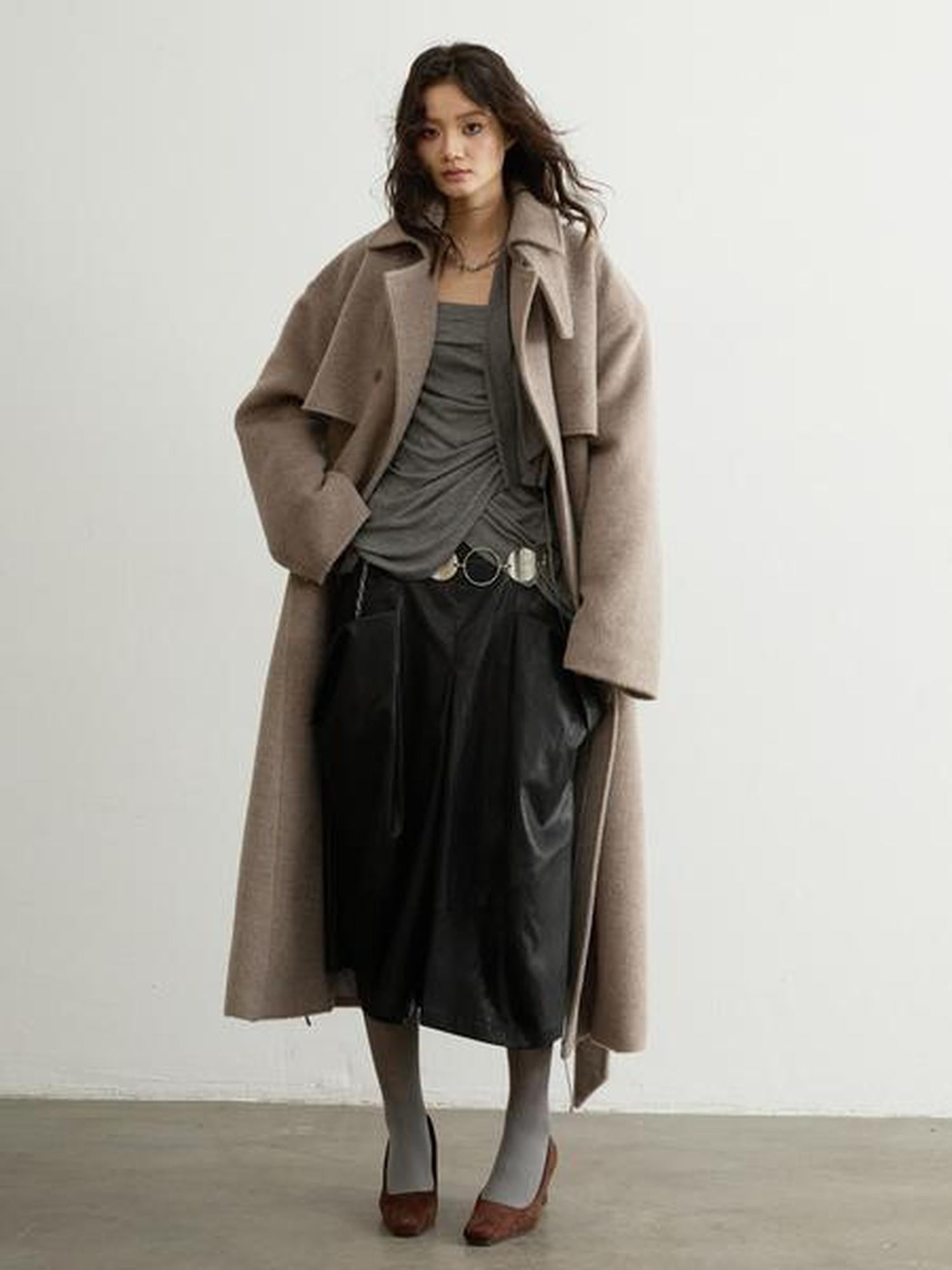Jnylon studios Soft Vintage Oatmeal Lace Up Lapel Women's Wool Blend Long Coats