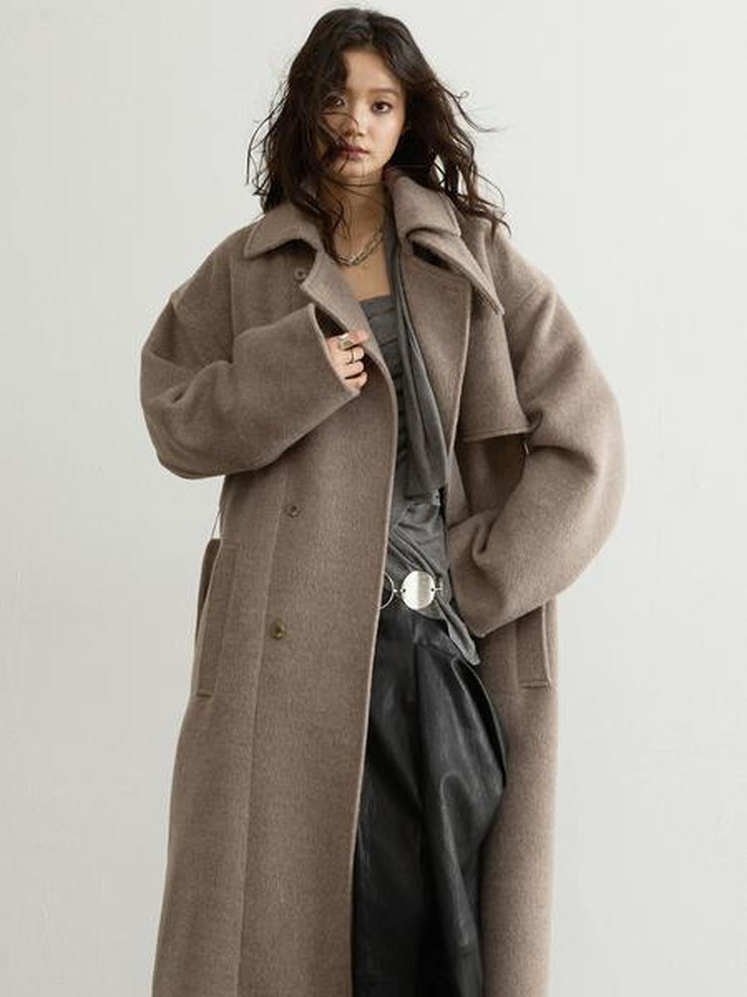 Jnylon studios Soft Vintage Oatmeal Lace Up Lapel Women's Wool Blend Long Coats